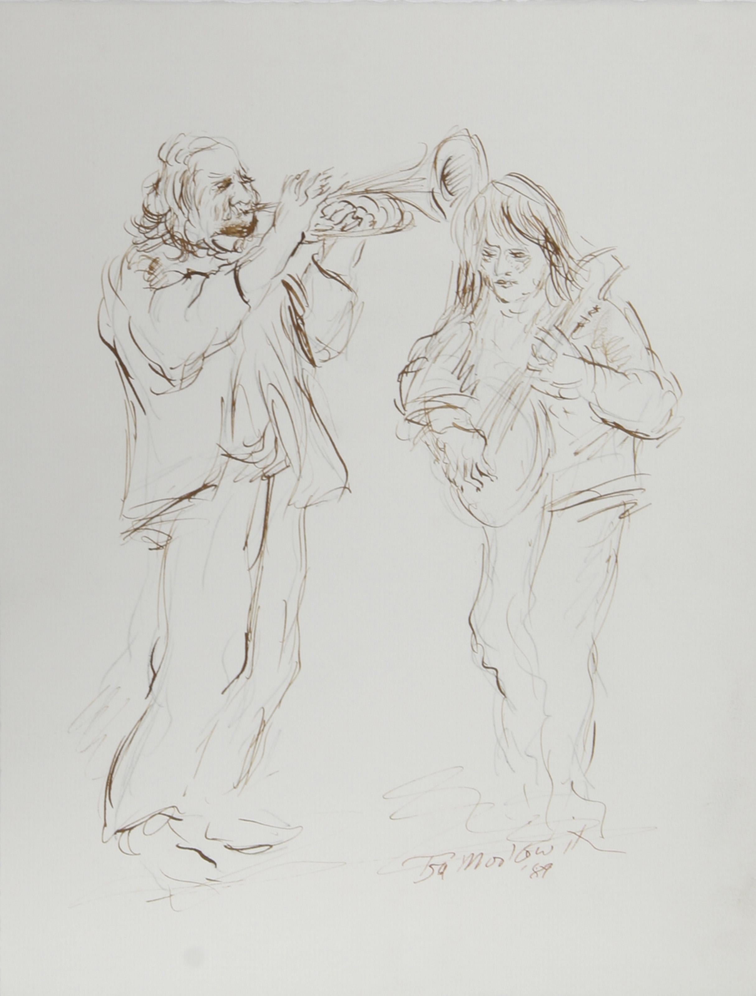  Ira Moskowitz, Polish/American (1912 - 2001) -  Band Duo (Trumpet and Electric Guitar), Year: 1989, Medium: Ink on Paper, signed, Size: 13 in. x 10 in. (33.02 cm x 25.4 cm), Description: Playing music together, the two men in this drawing appear