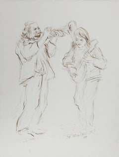 Band Duo (Trumpet and Electric Guitar), Folk Art Ink on Paper by Ira Moskowitz