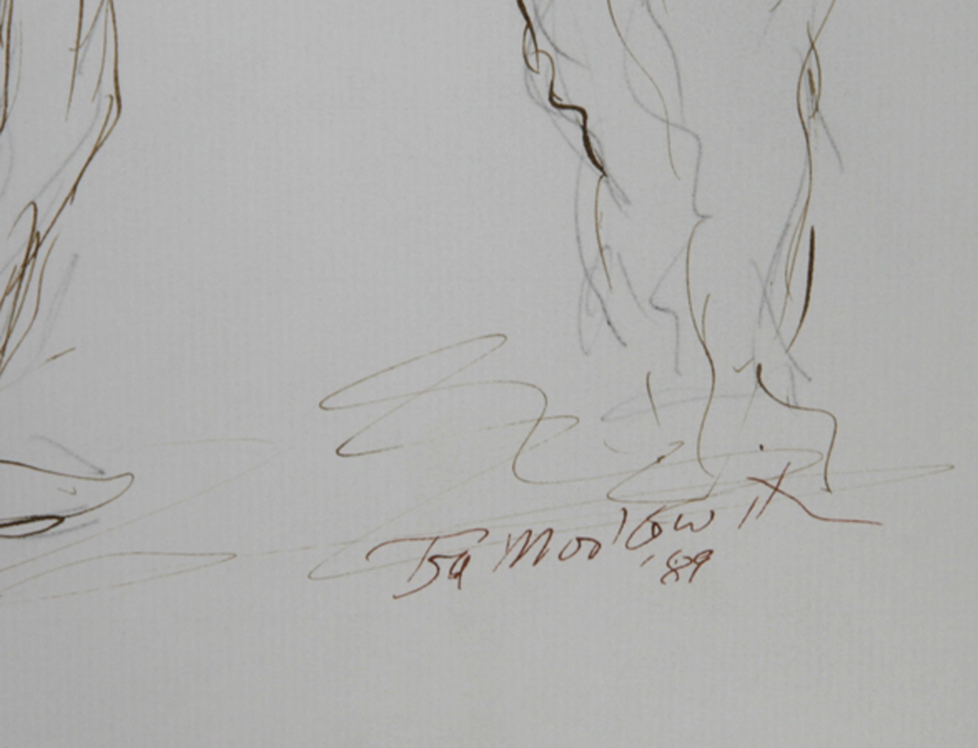 Band Duo (Trumpet and Electric Guitar), Folk Art Ink on Paper by Ira Moskowitz For Sale 1