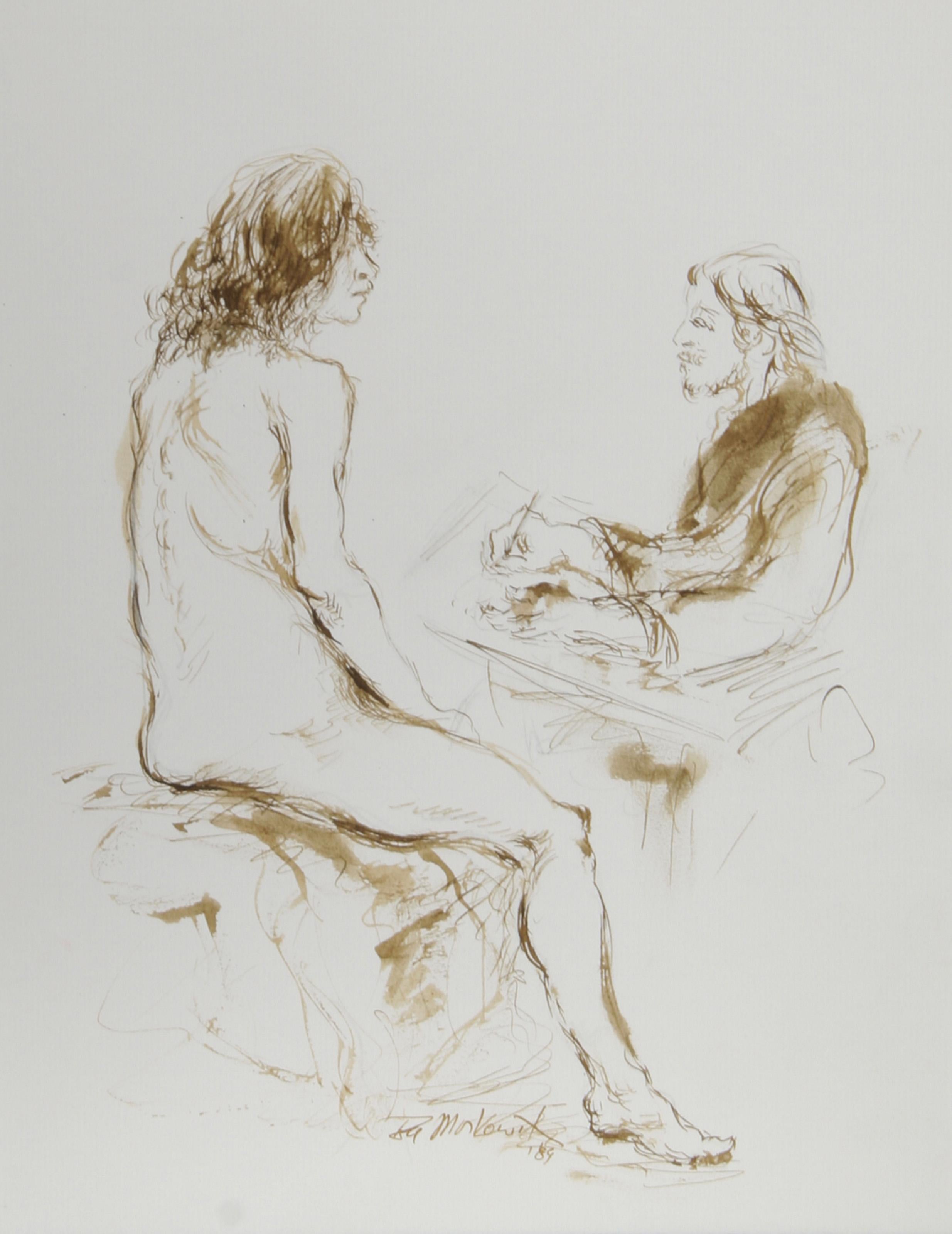 Artiste et modèle nu - X, encre moderne sur papier d'Ira Moskowitz