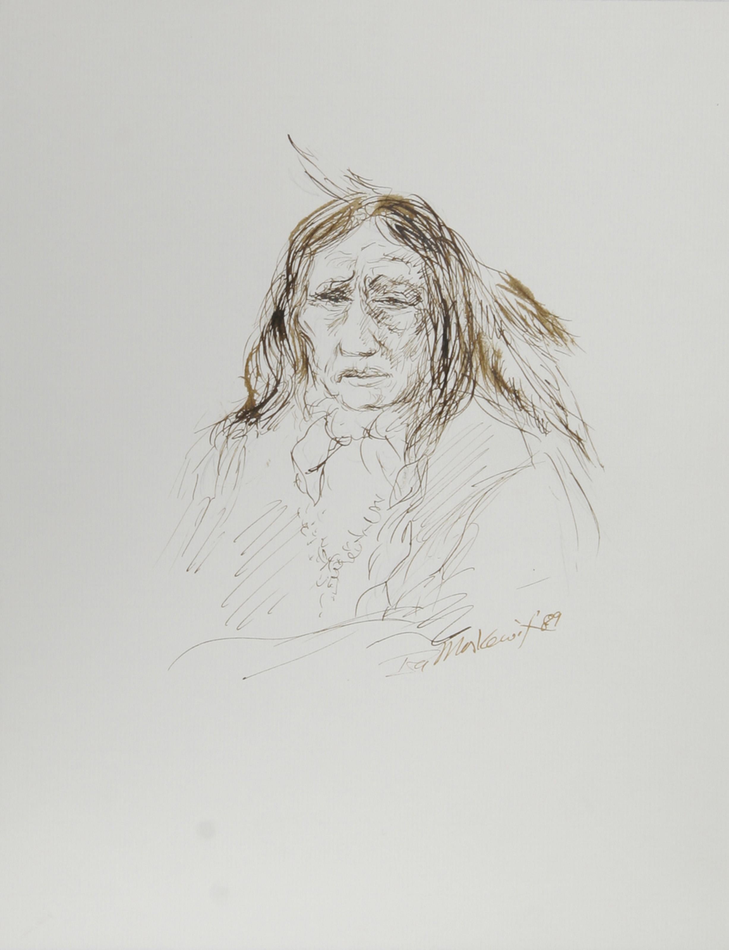  Ira Moskowitz, Polish/American (1912 - 2001) -  Native American Man - I, Year: 1989, Medium: Ink on Paper, signed, Size: 13 in. x 10 in. (33.02 cm x 25.4 cm), Description: Wearing his hair in two long braids with a feather decorating his locks, the