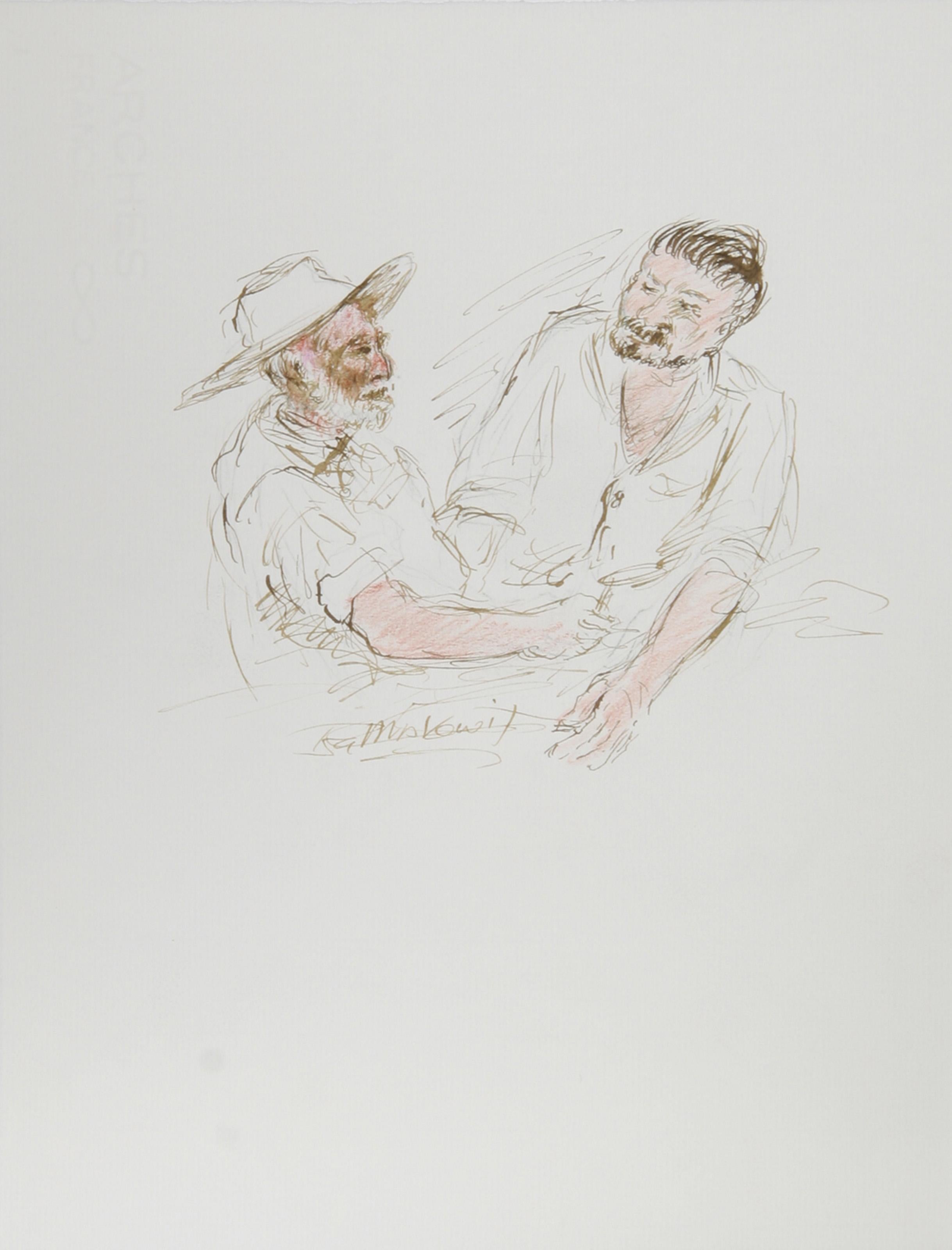 Two Men, Contemporary Ink and Pastel on Paper by Ira Moskowitz