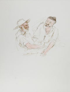 Deux hommes, encre et pastel contemporains sur papier d'Ira Moskowitz