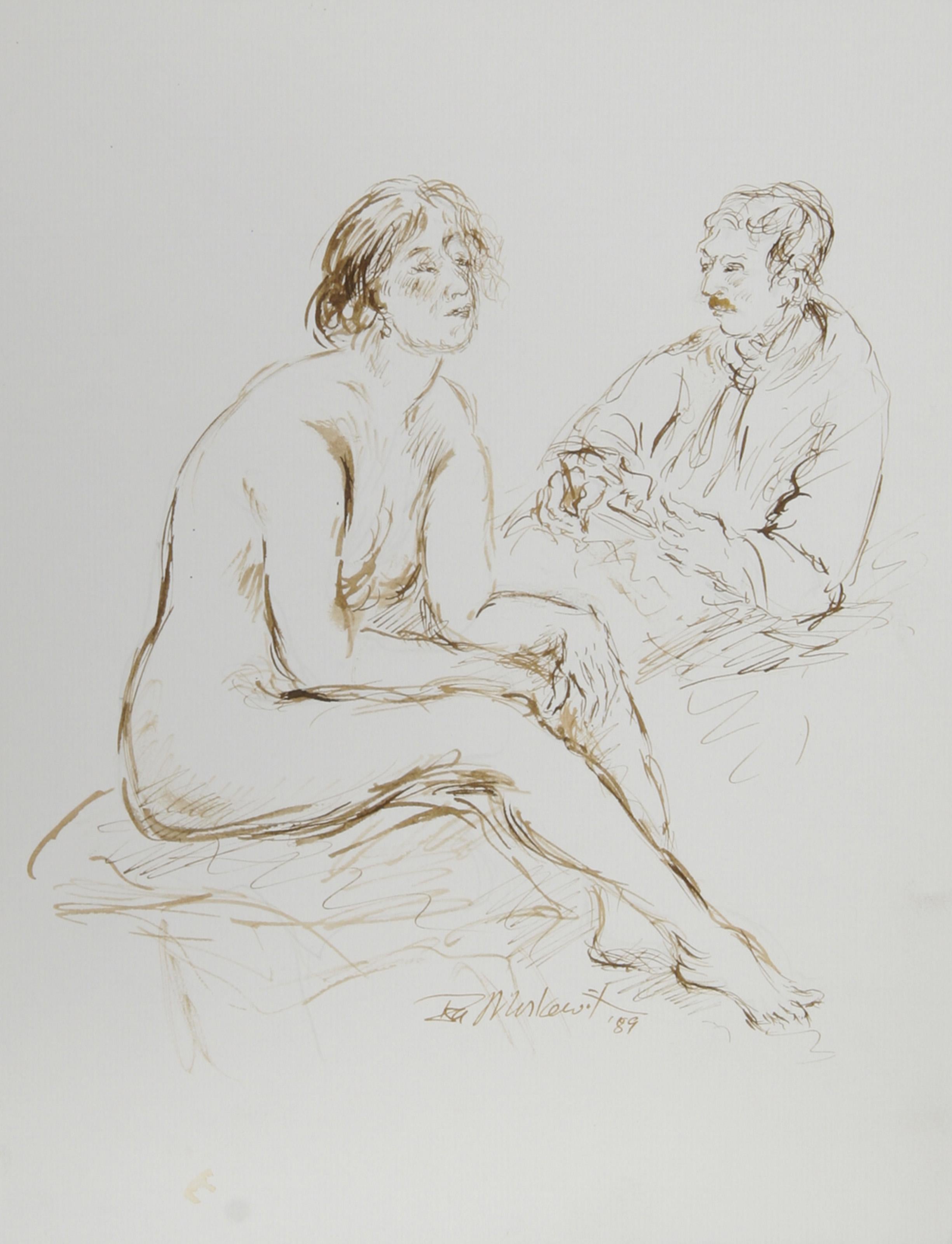  Ira Moskowitz, Polish/American (1912 - 2001) -  Artist and Nude Model - XI, Year: circa 1989, Medium: Ink on Paper, signed, Size: 13 in. x 10 in. (33.02 cm x 25.4 cm), Description: Sitting forward with her legs extended daintily, the nude model in