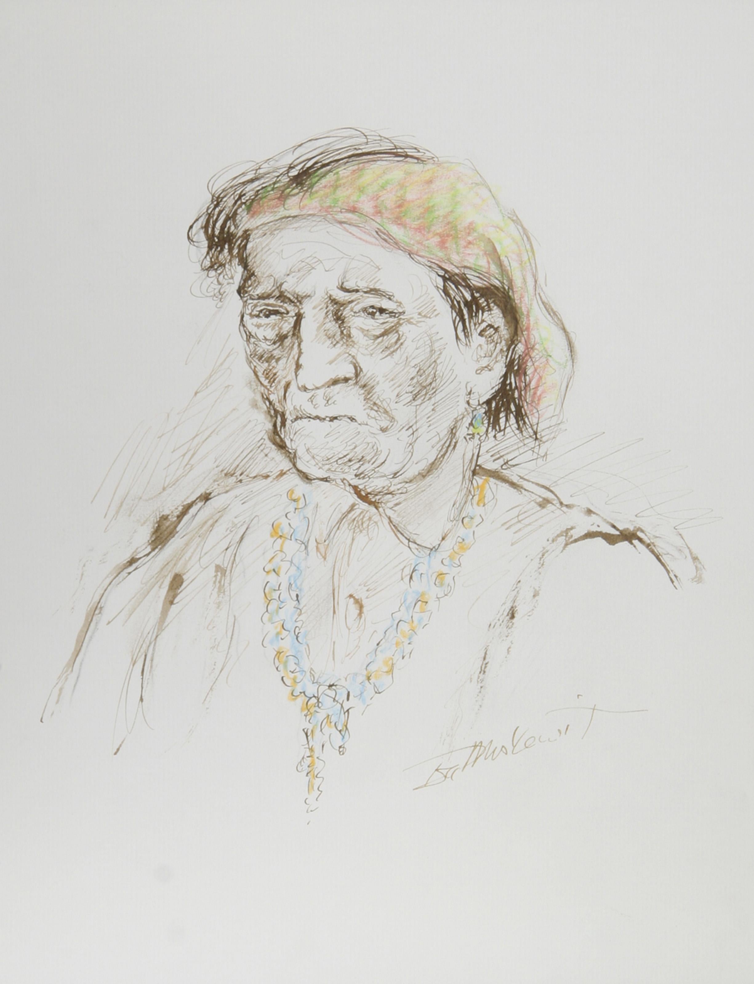 Native American Man - V, Modern Ink and Pastel on Paper by Ira Moskowitz