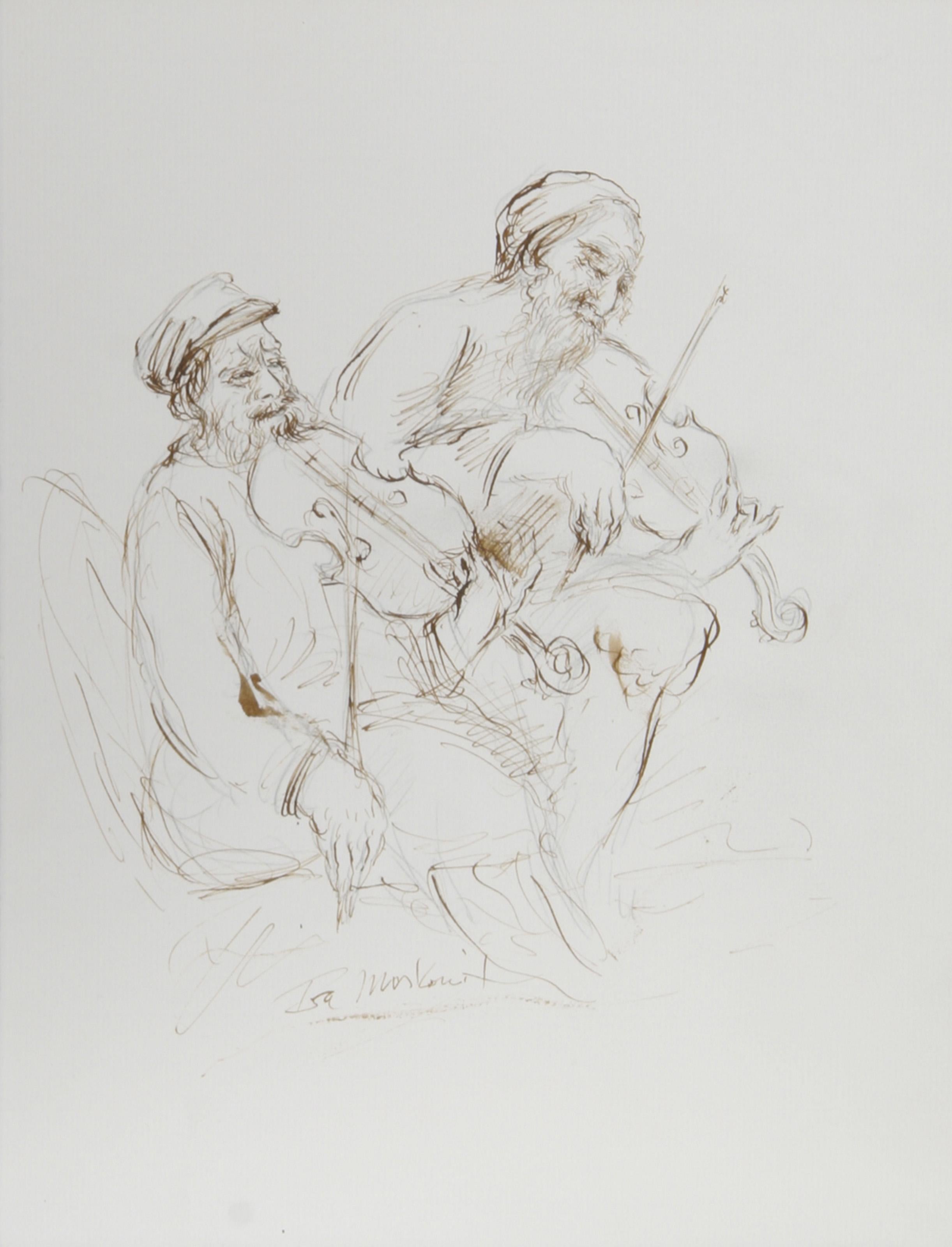  Ira Moskowitz, polnisch/amerikanisch (1912 - 2001) -  Fiddlers - I, Jahr: circa 1989, Medium: Tinte auf Papier, signiert, Größe: 13 in. x 10 in. (33.02 cm x 25.4 cm), Beschreibung: Ira Moskowitz' verspielte Darstellung von zwei Geigern, die