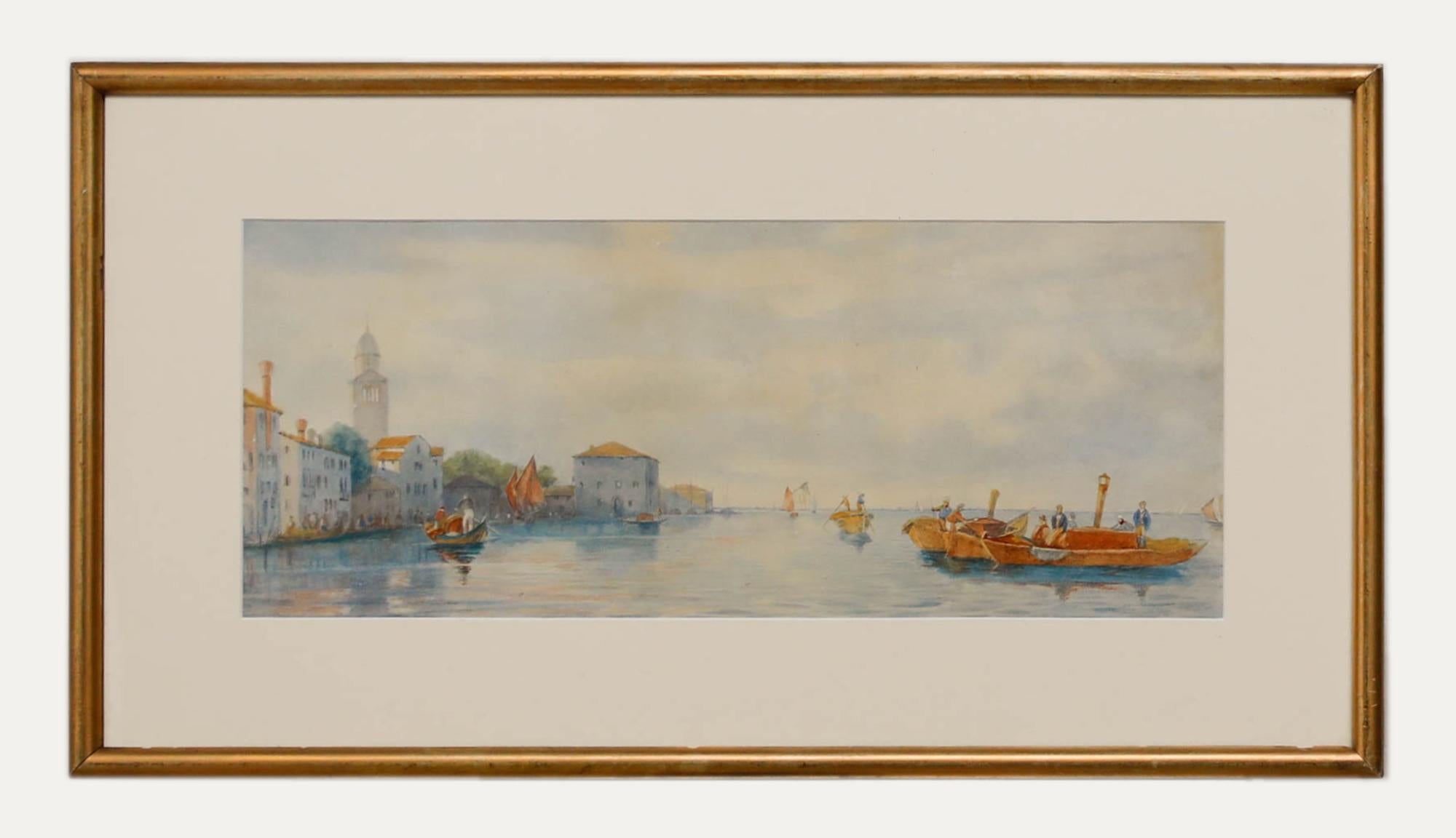 Figurative Art di Unknown - Acquerello incorniciato della fine del XIX secolo - Scena costiera italiana con campanile