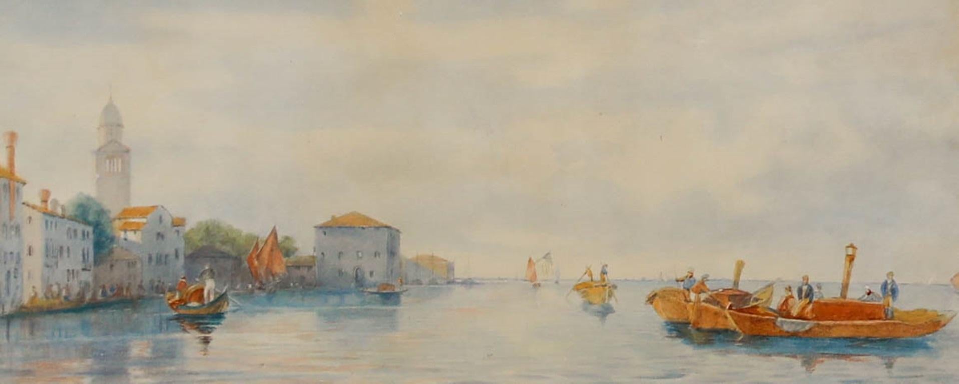 Acquerello incorniciato della fine del XIX secolo - Scena costiera italiana con campanile - Art di Unknown