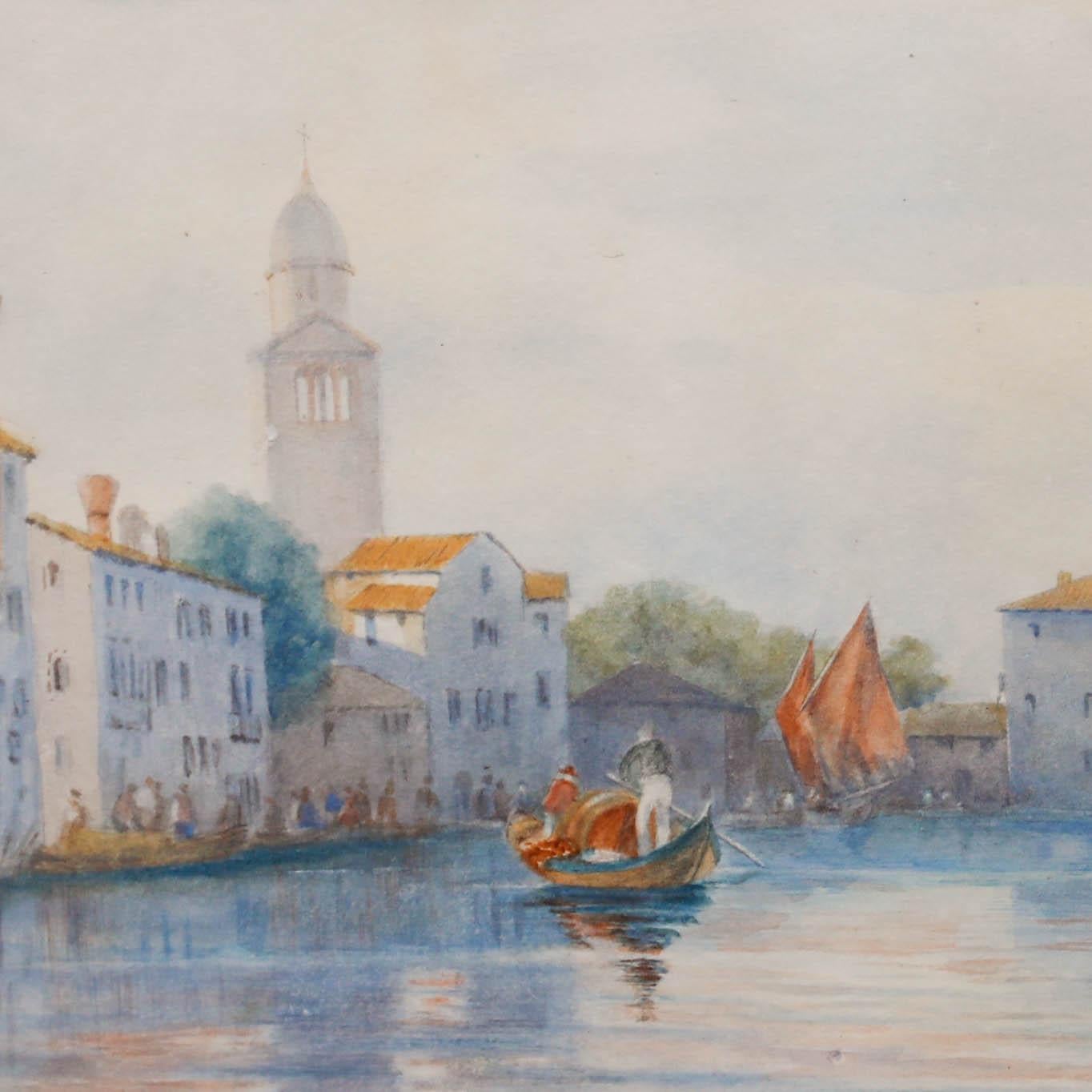 Pregevole acquerello della fine del XIX secolo. Scena costiera italiana con barche da pesca e campanile bianco sullo sfondo. Elegantemente montato in una cornice con effetto dorato. Su carta acquerellata.