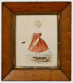 Aquarelle Folk Art du 19ème siècle - La petite robe rouge