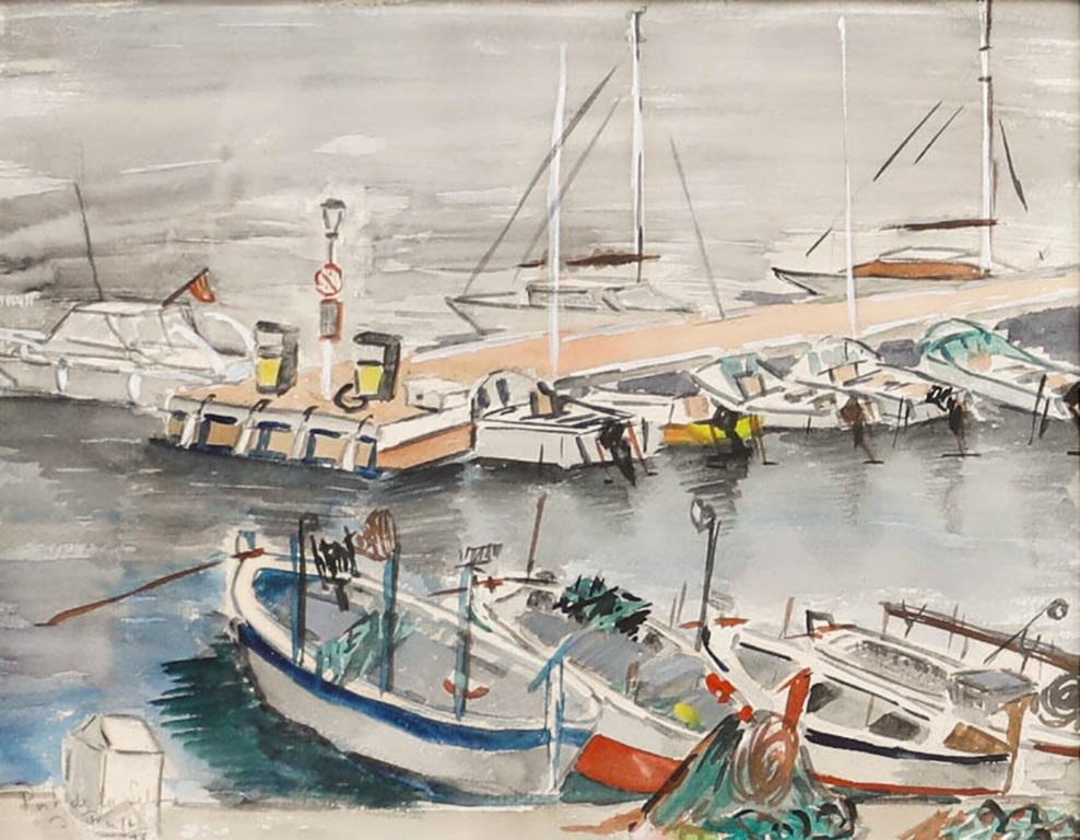Gerahmtes Aquarell der spanischen Schule des 20. Jahrhunderts – El Port de la Selva – Art von Unknown