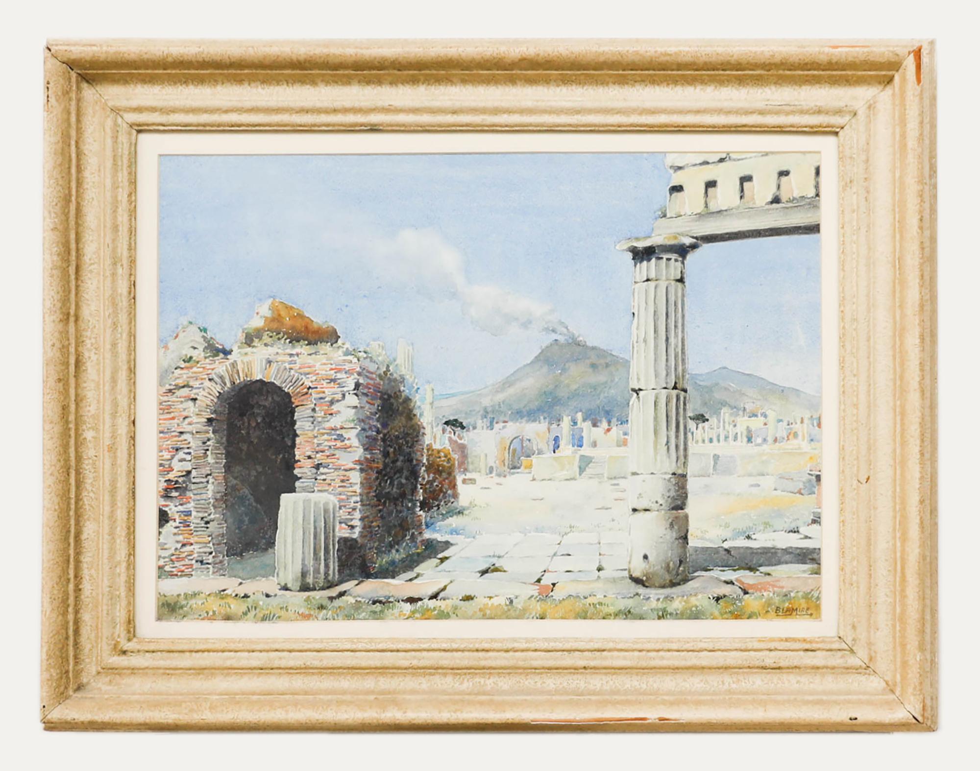 Blamire, aquarelle du milieu du 20e siècle encadrée, volcan fumant