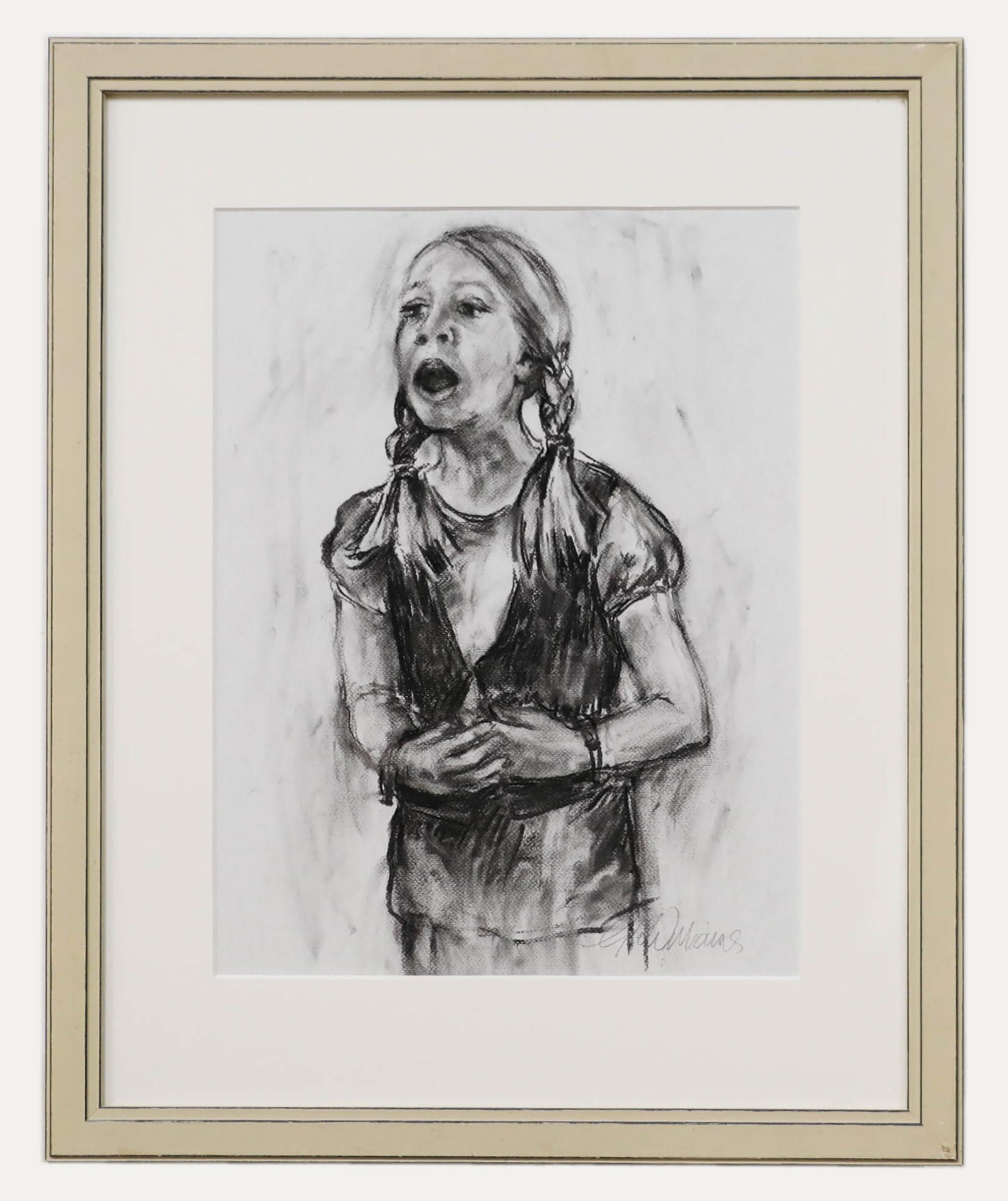 Portrait Unknown - Glo Williams (née en 1940) - Dessin au fusain du 20e siècle, jeune fille chantant