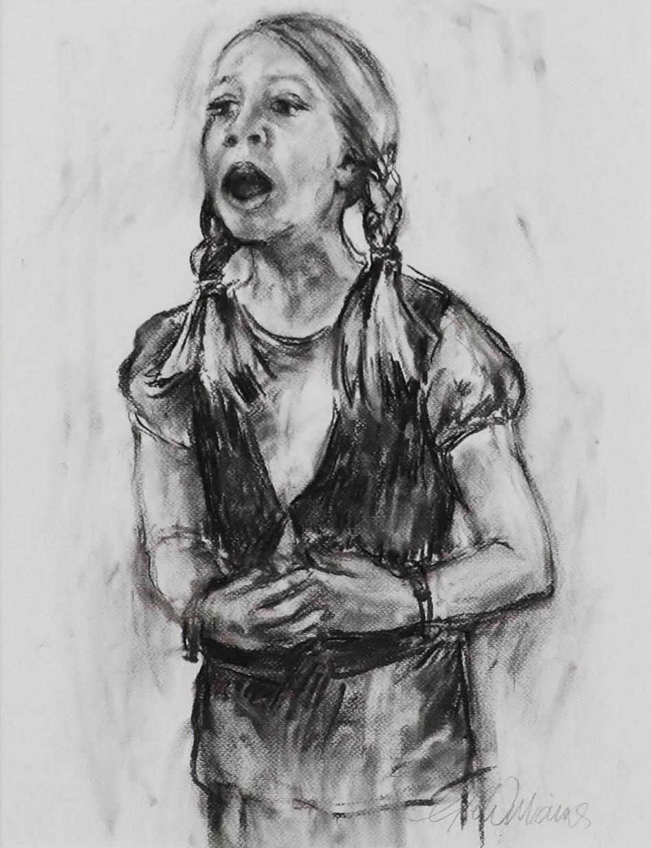 Glo Williams (née en 1940) - Dessin au fusain du 20e siècle, jeune fille chantant - Art de Unknown