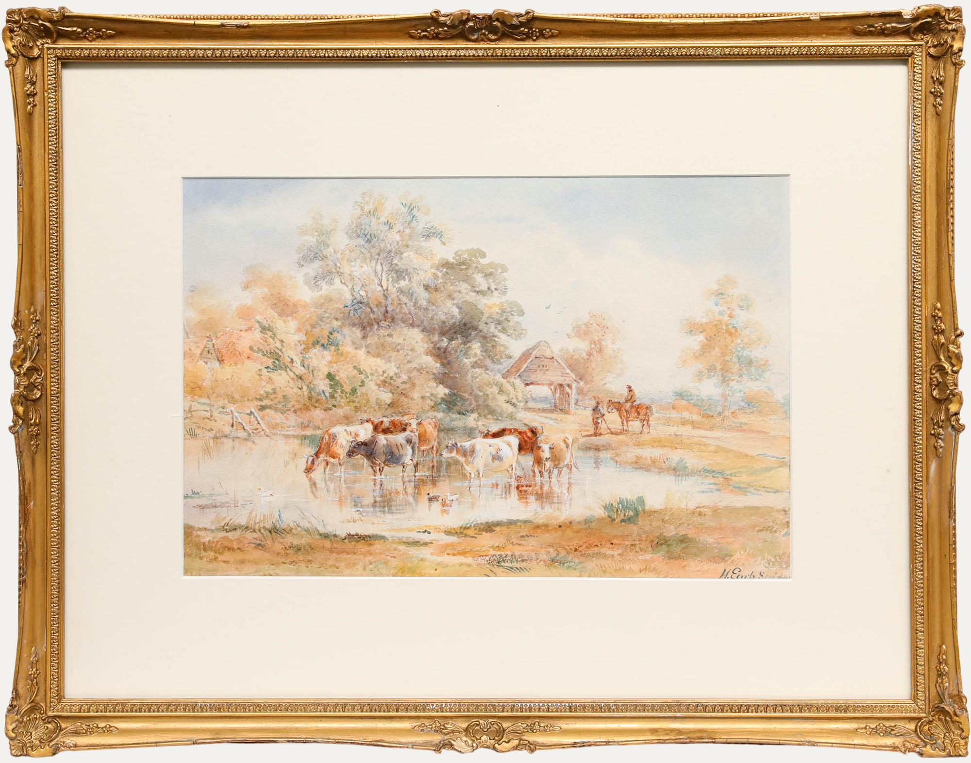 Henry Earp Senior (1831-1914) - Aquarelle encadrée, Cattle Watering