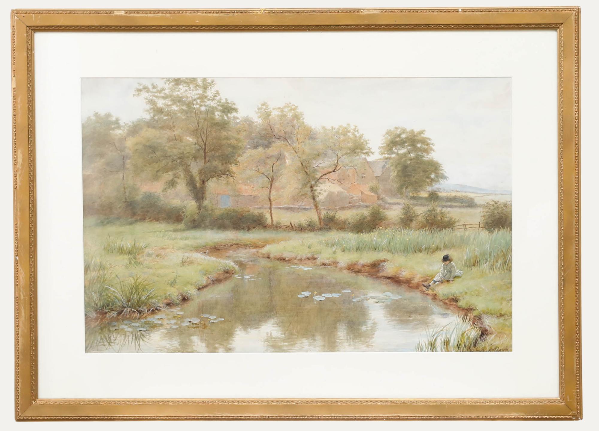 Wilmot Clifford Pilsbury (1840-1908) - Acquerello, Seduto sulla riva del fiume