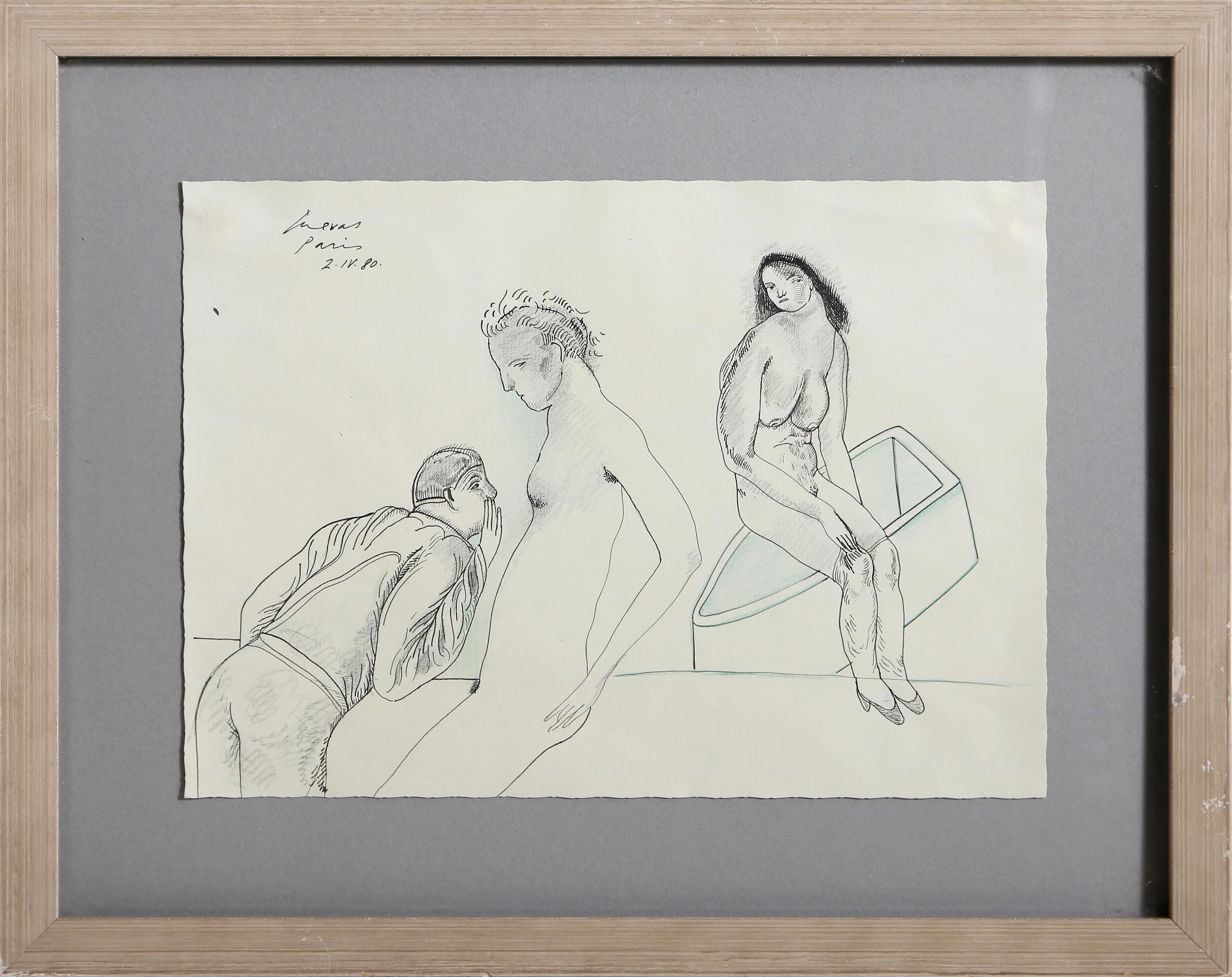 Flüsternde Figur, surrealistische Tusche- und Graphitzeichnung von José Luis Cuevas