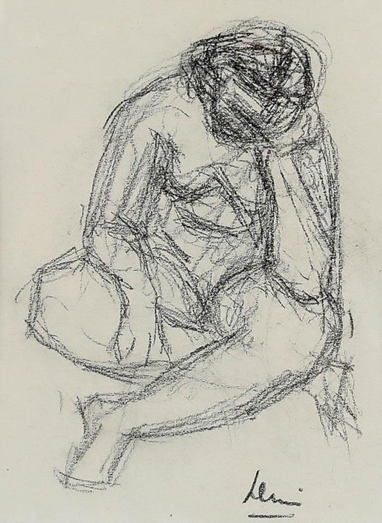 Dibujo en grafito del siglo XX - Desnudo femenino desesperado - Art de Unknown