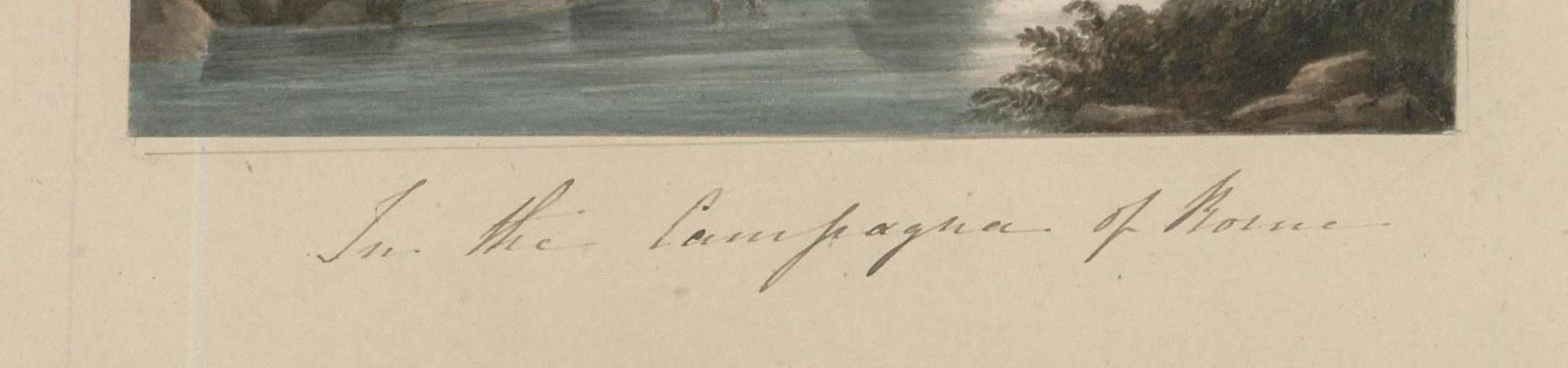 Cette aquarelle d'une grande finesse d'exécution représente un temple historique de Campagna avec des montagnes ondulantes au loin. L'œuvre porte une inscription au crayon sur la carte de support. Non signée. Sur le papier.