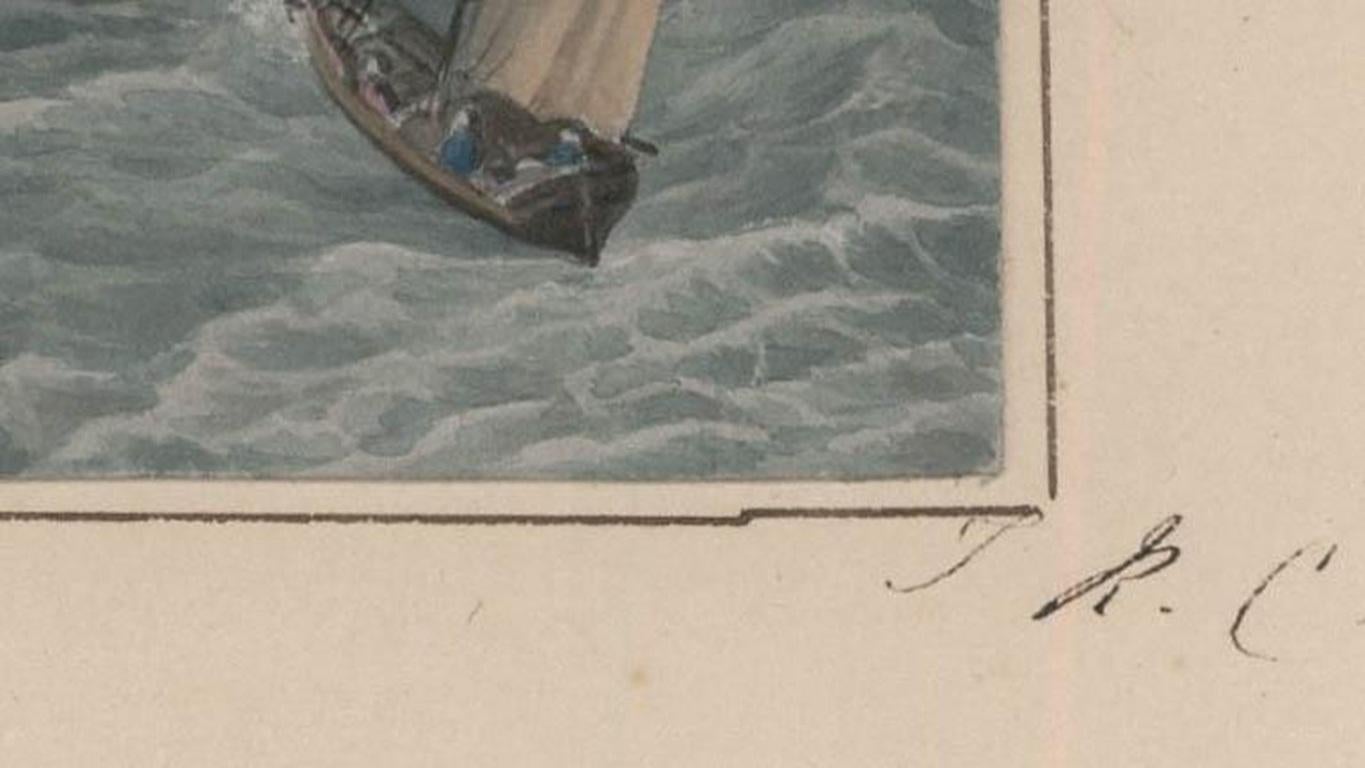 This exquisitely executed watercolour depicts an atmospheric view of Clovelly Bay with boats returning to the harbour before an approaching storm. The work is signed with the artist's initials. On paper.