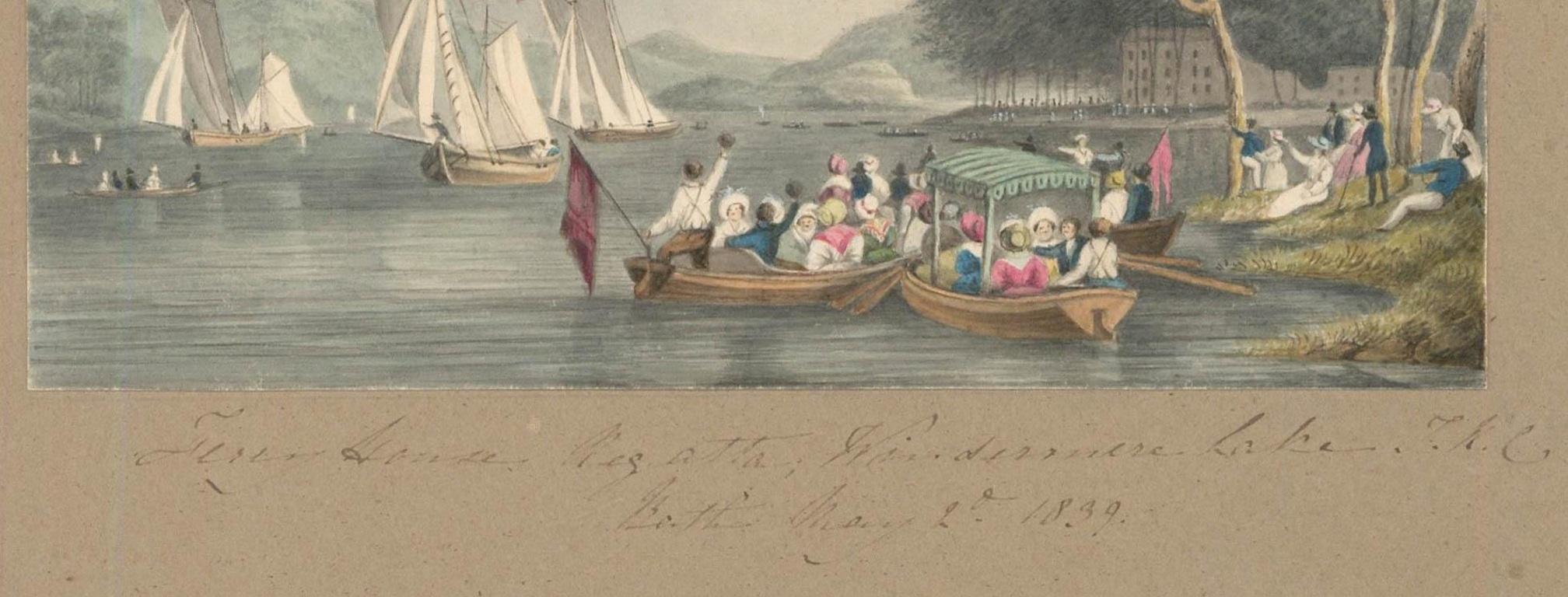Un paysage à l'aquarelle magnifiquement exécuté représentant la foule à la Ferry House Regatta sur le lac Windermere. Charleton a su capter de manière exquise le cadre idyllique de la régate, avec ses différents bateaux et ses foules joyeuses