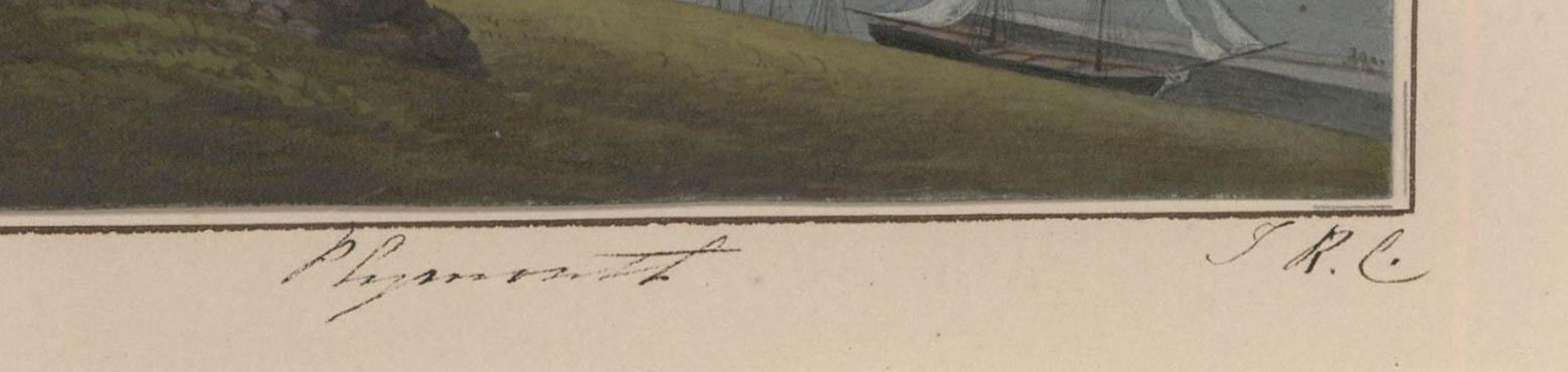 Cette aquarelle d'une exécution exquise représente une vue pittoresque de Plymouth avec des navires dans la baie. L'œuvre est signée des initiales de l'artiste sur le papier de soutien et porte une inscription indiquant les détails de l'emplacement.
