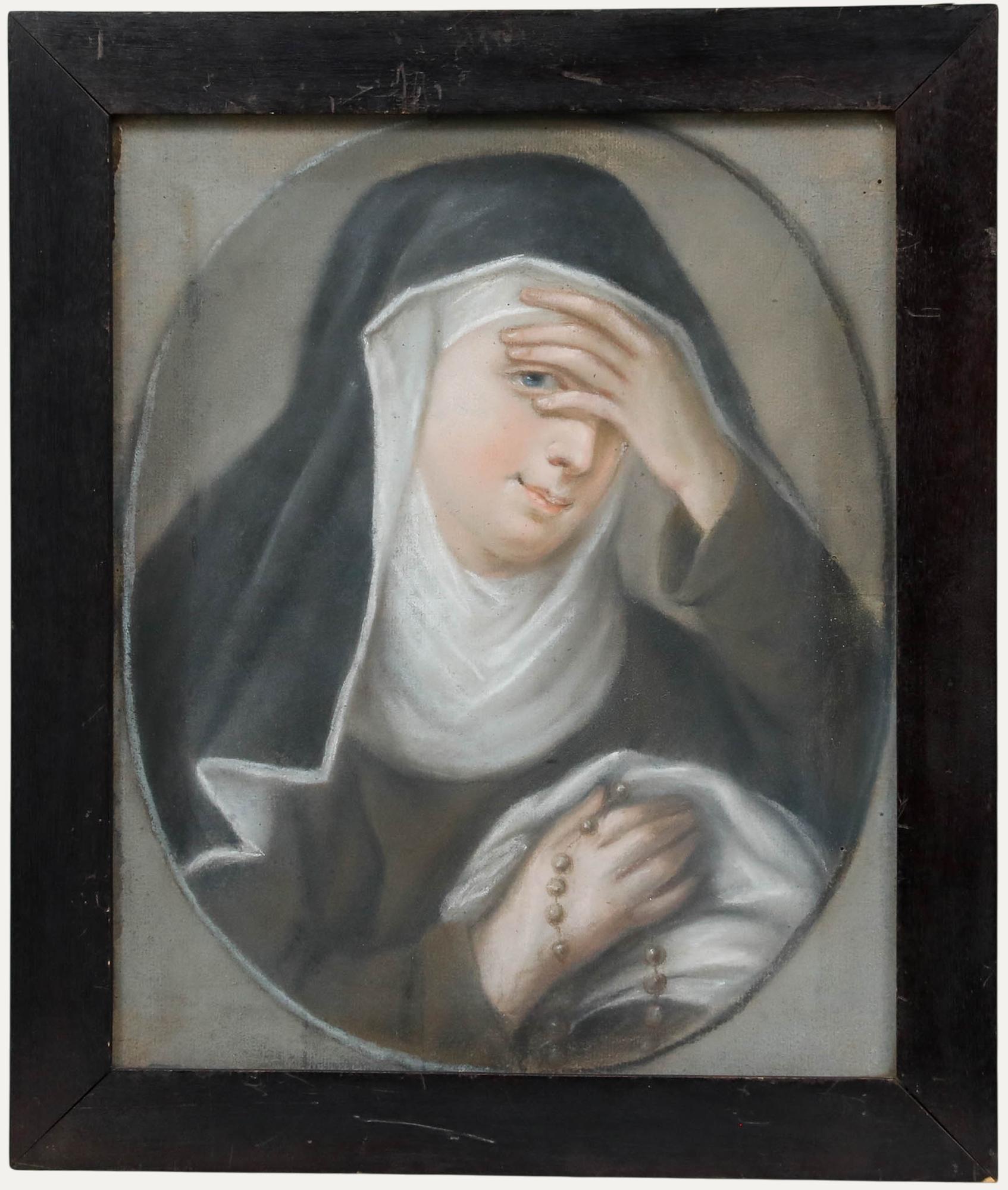 Gerahmtes Pastell aus dem 19. Jahrhundert - Porträt einer Nonne