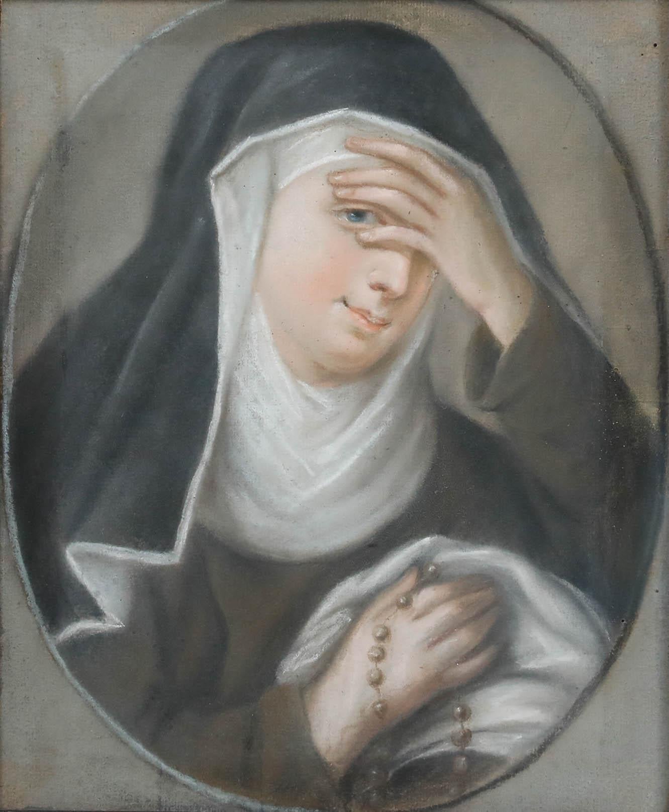 Portrait au pastel d'une religieuse. Elle porte une main à la tête et tient un chapelet dans l'autre. Bien présenté dans un cadre en bois. Non signée. Sur le papier. Taille de l'image : 36 x 29,5 cm.
