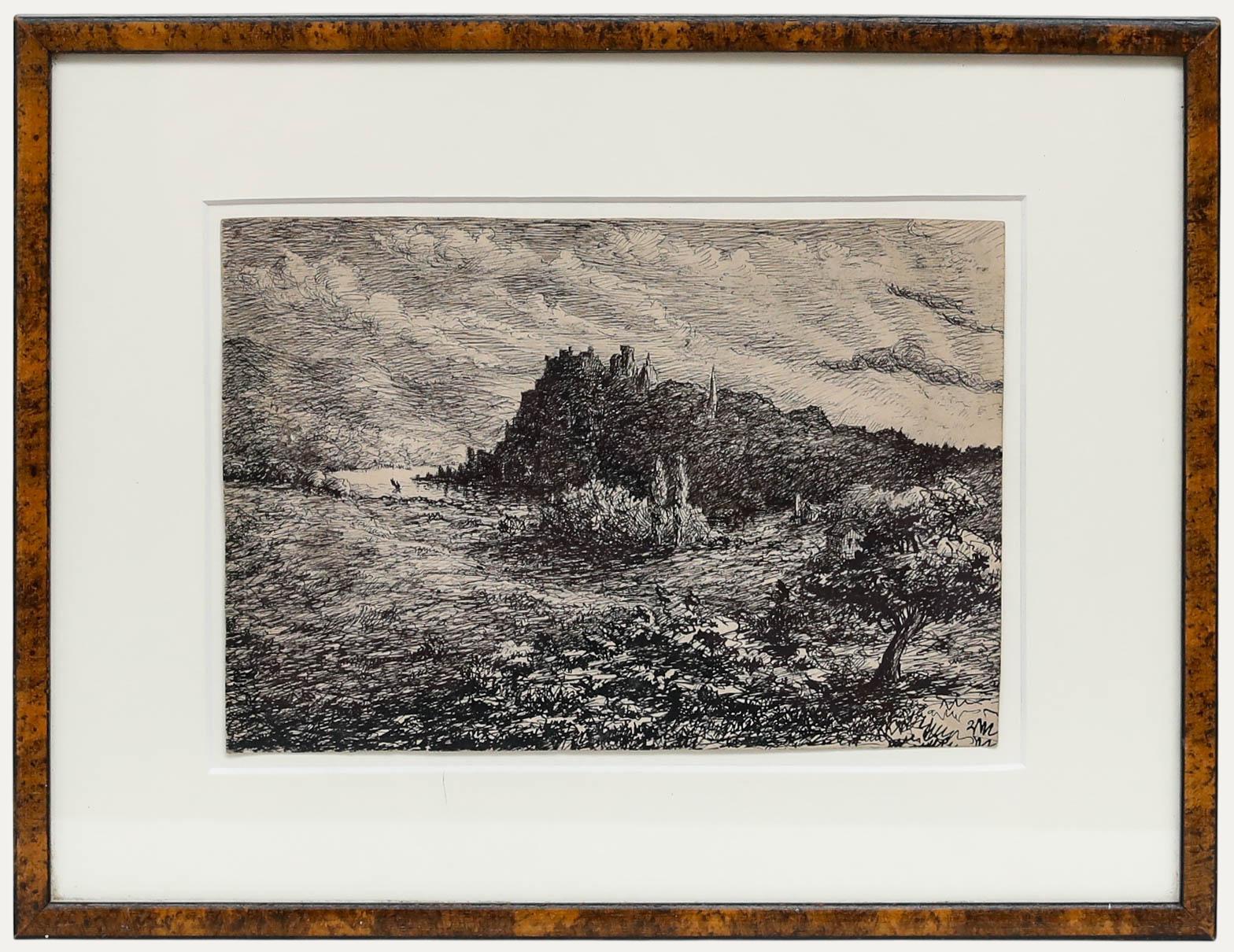 Landscape Art de Unknown - Dibujo a pluma y tinta de 1888 enmarcado - La Dama del Lago