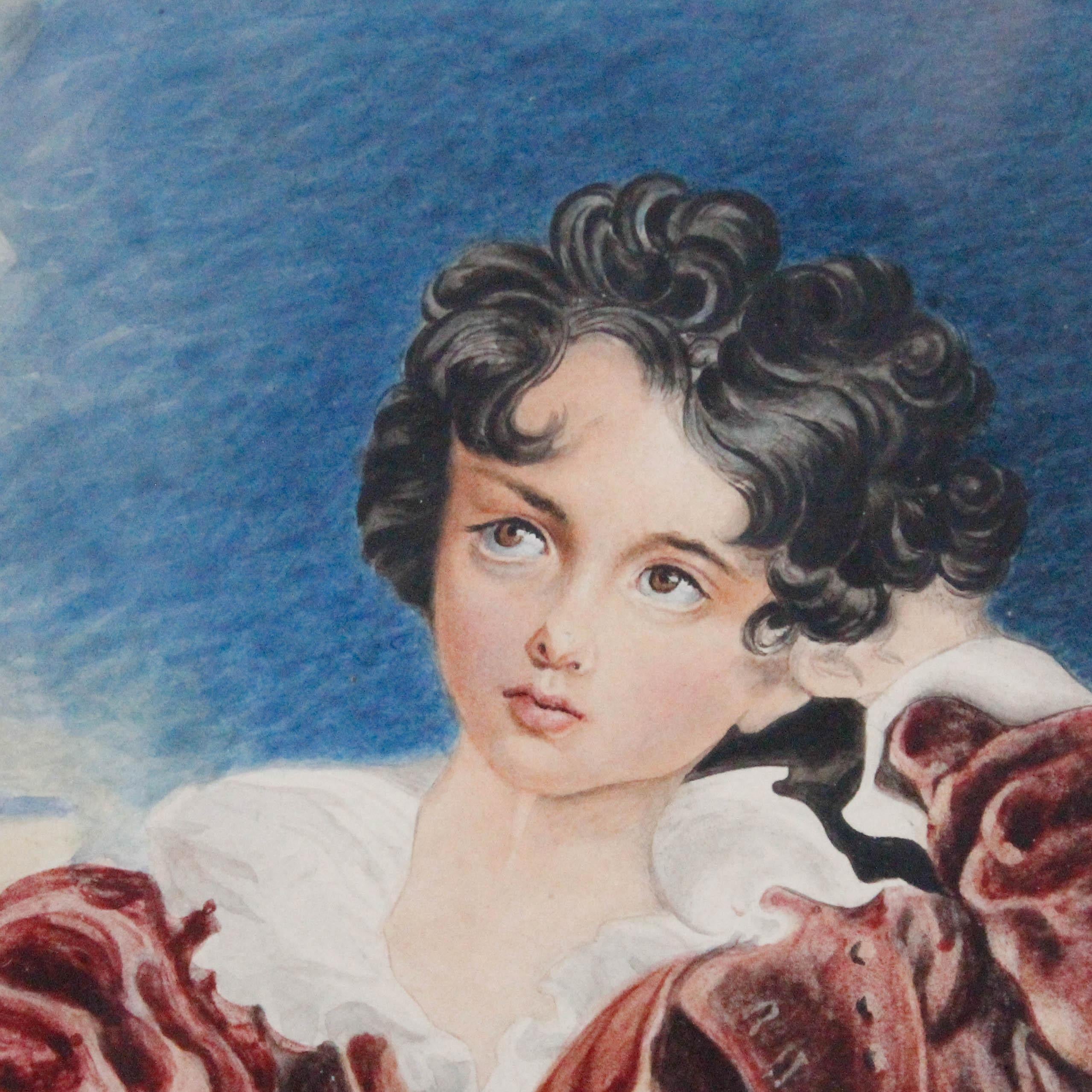 A fine 19th century watercolour copy of the original, infamous portrait by Sir Thomas Lawrence. The painting is unsigned and presented in a fine burr wood veneer frame with wash-line mount. On paper. Image size: 16.5 x 14.5cm.