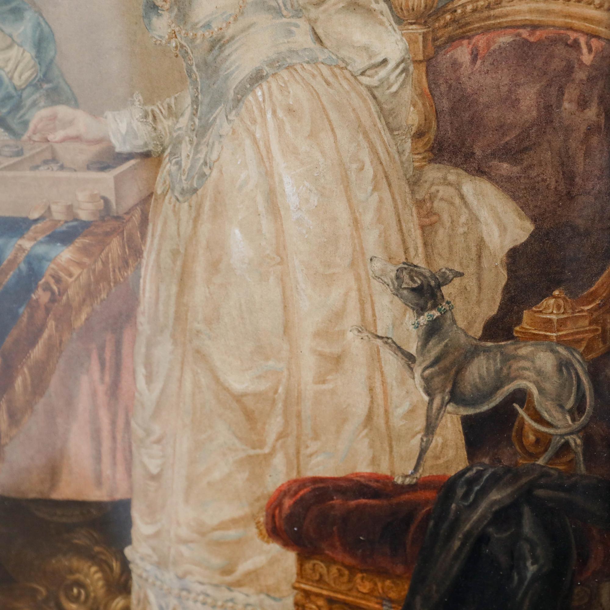 Une scène charmante représentant un groupe de personnes jouant une partie de backgammon dans un intérieur luxueux. Les personnages sont saisis dans un style romantique, les femmes portant de belles robes et les messieurs des uniformes de cavaliers