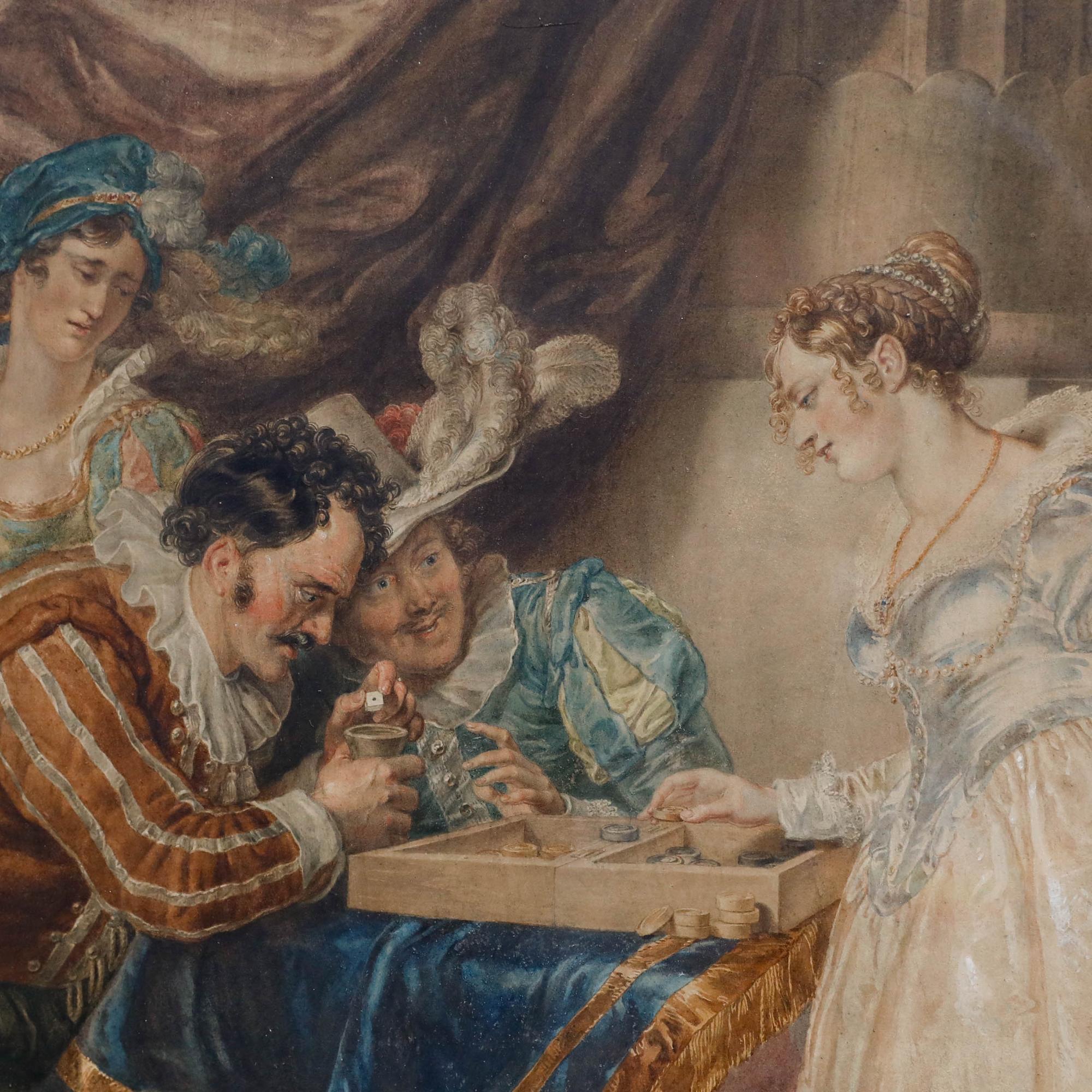 Aquarelle du milieu du 19e siècle - Une partie de backgammon en vente 1