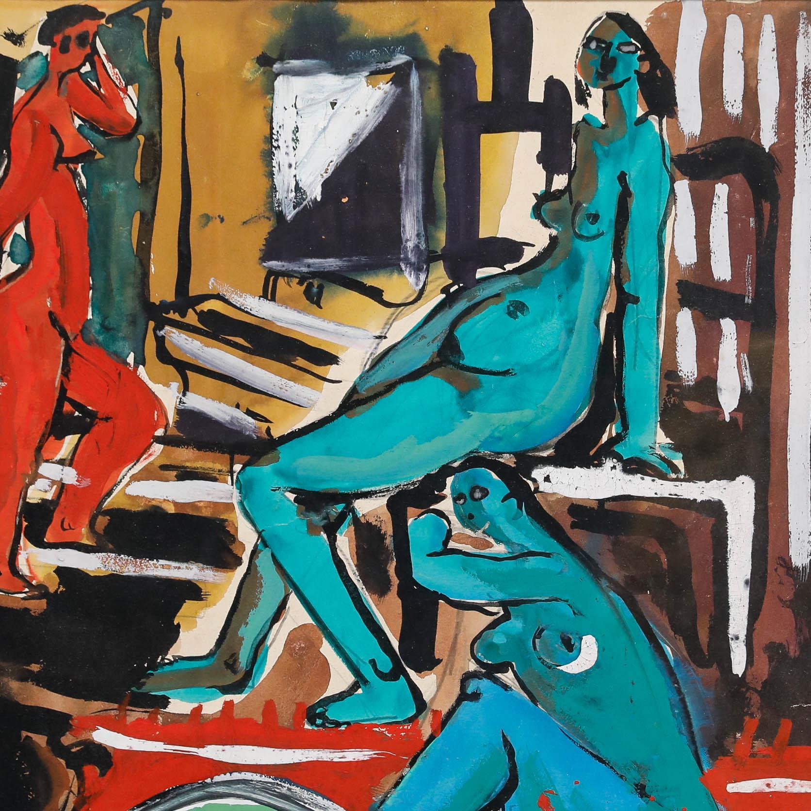 Christian Julia (1921-1991) - Gouache de mediados del siglo XX, Desnudos en el estudio en venta 1