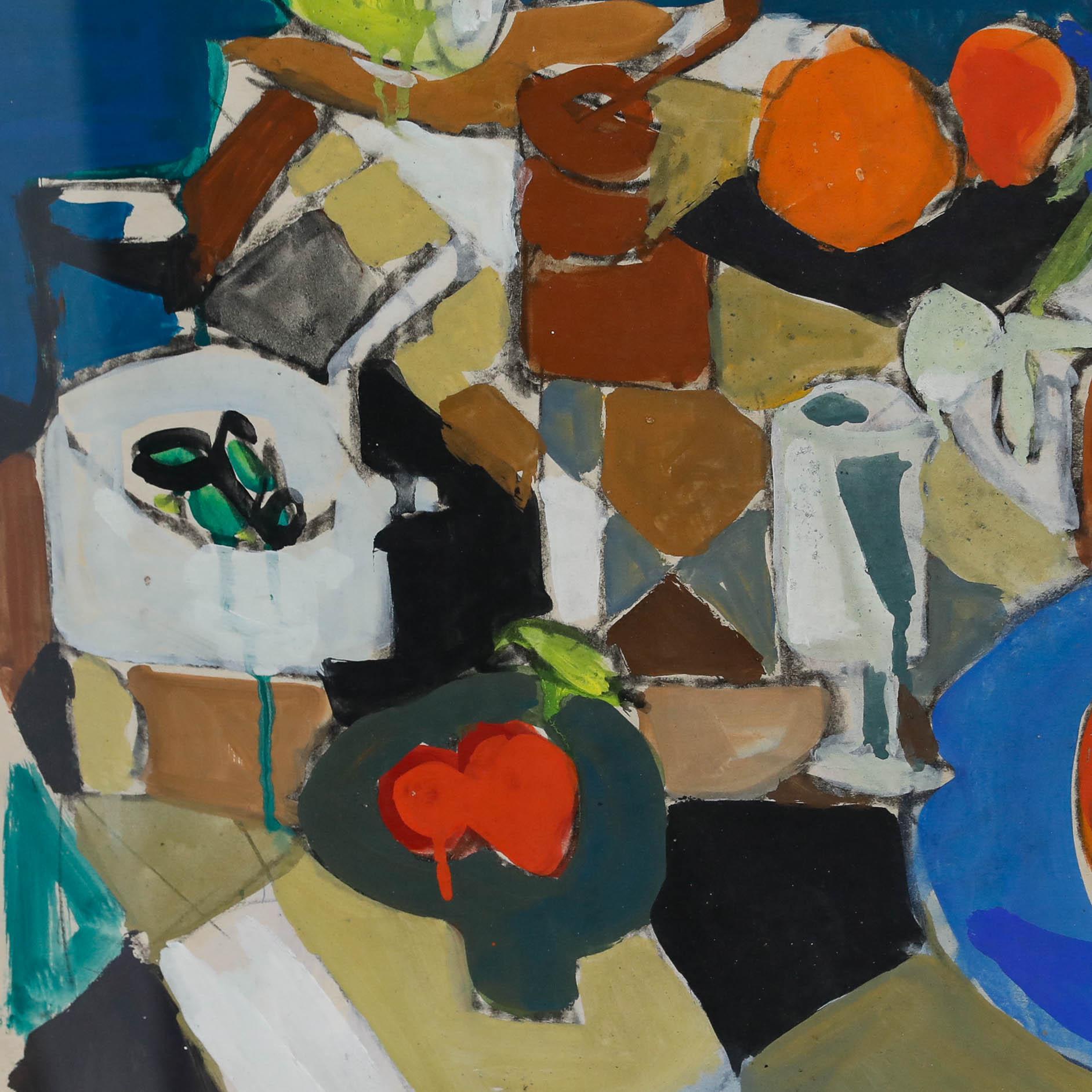 Una deliziosa scena di natura morta modernista dell'artista Christian Julia (1921-1991). Firmato in basso a destra. Ben presentato in una sottile cornice di legno. Sulla carta. Dimensioni dell'immagine: 43 x 57,5 cm.