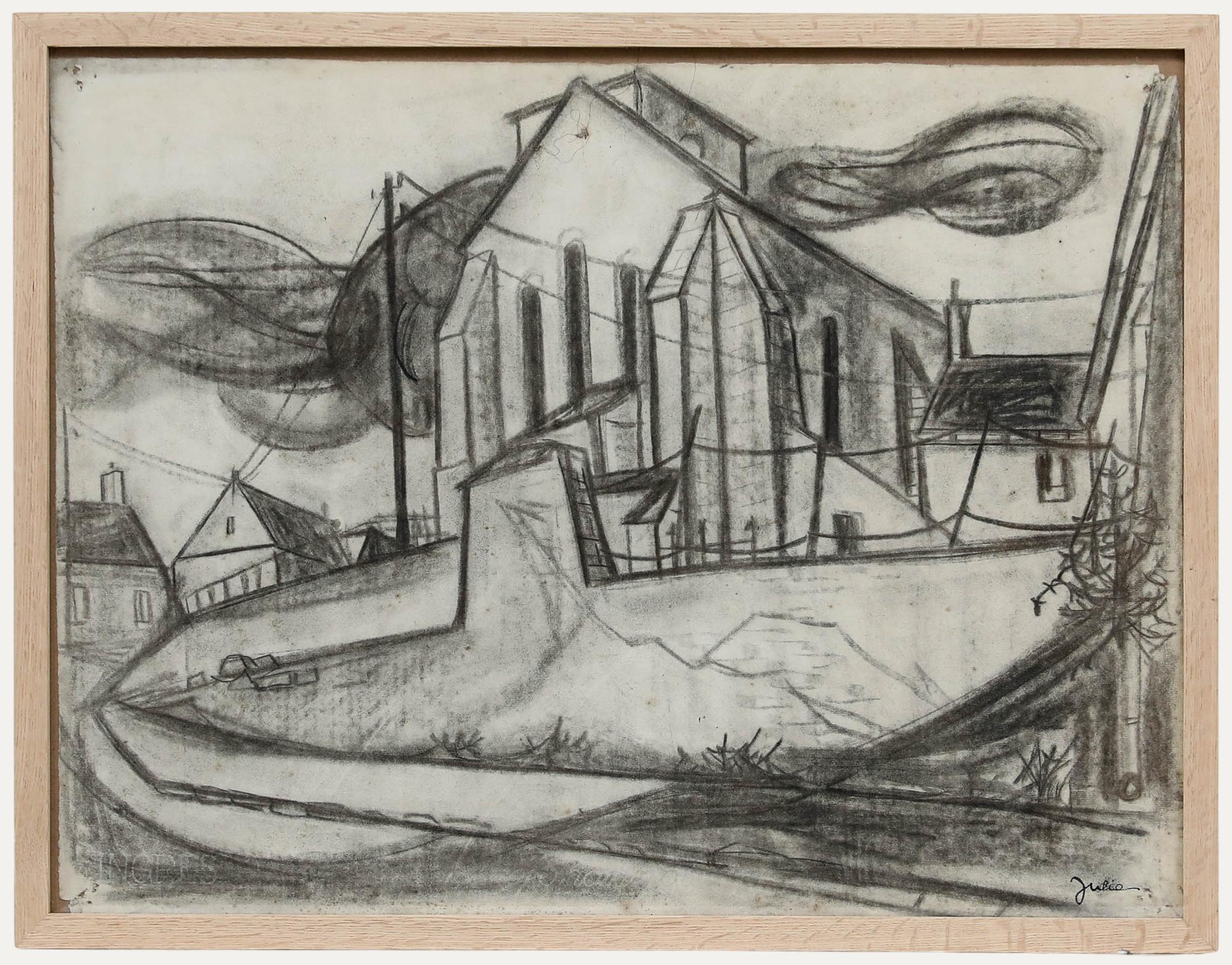 Christian Julia (1921-1991) - Dessin au fusain du milieu du 20e siècle, étude d
église