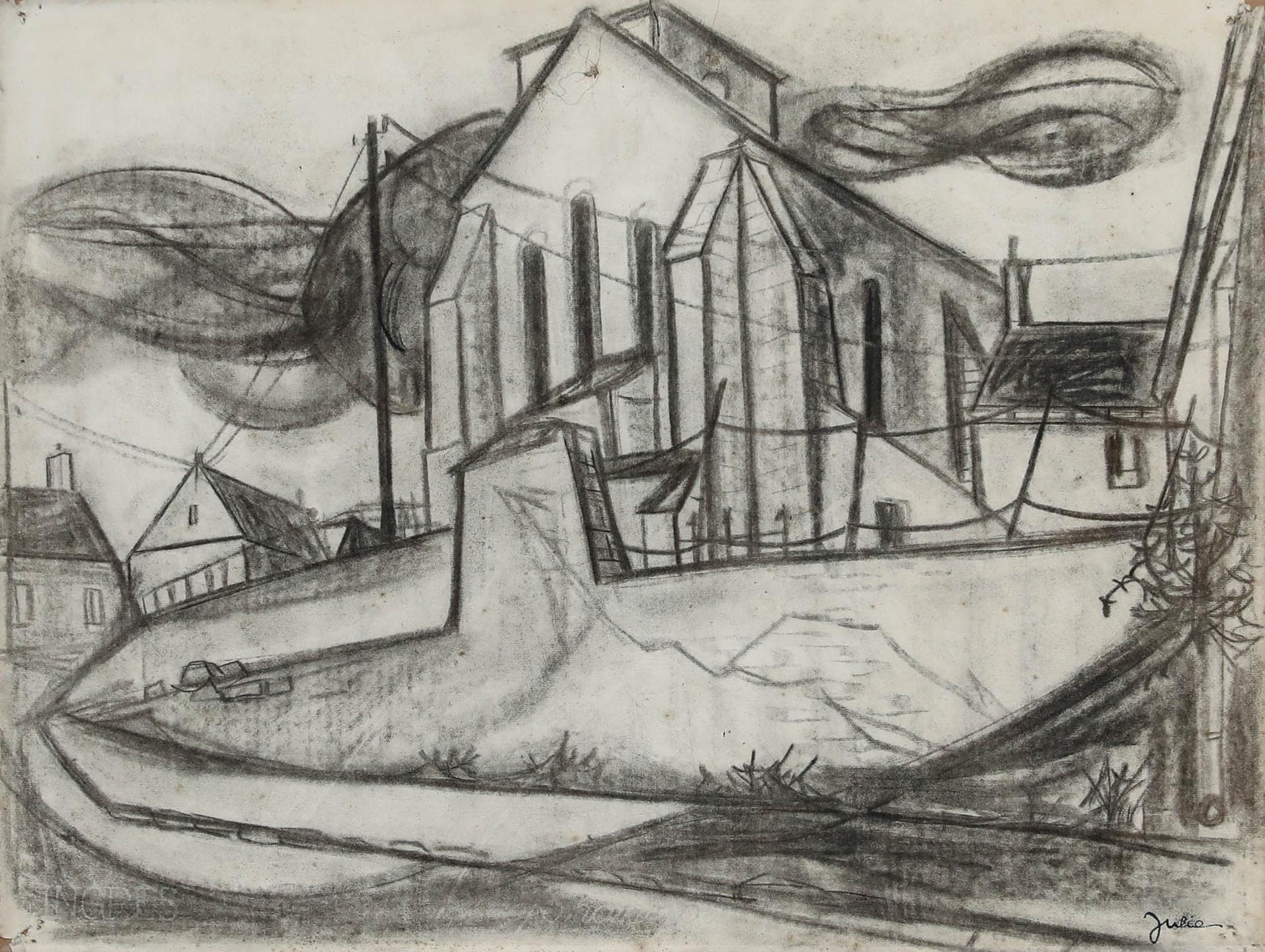 Christian Julia (1921-1991) - Disegno a carboncino della metà del XX secolo, studio di una chiesa - Art di Unknown
