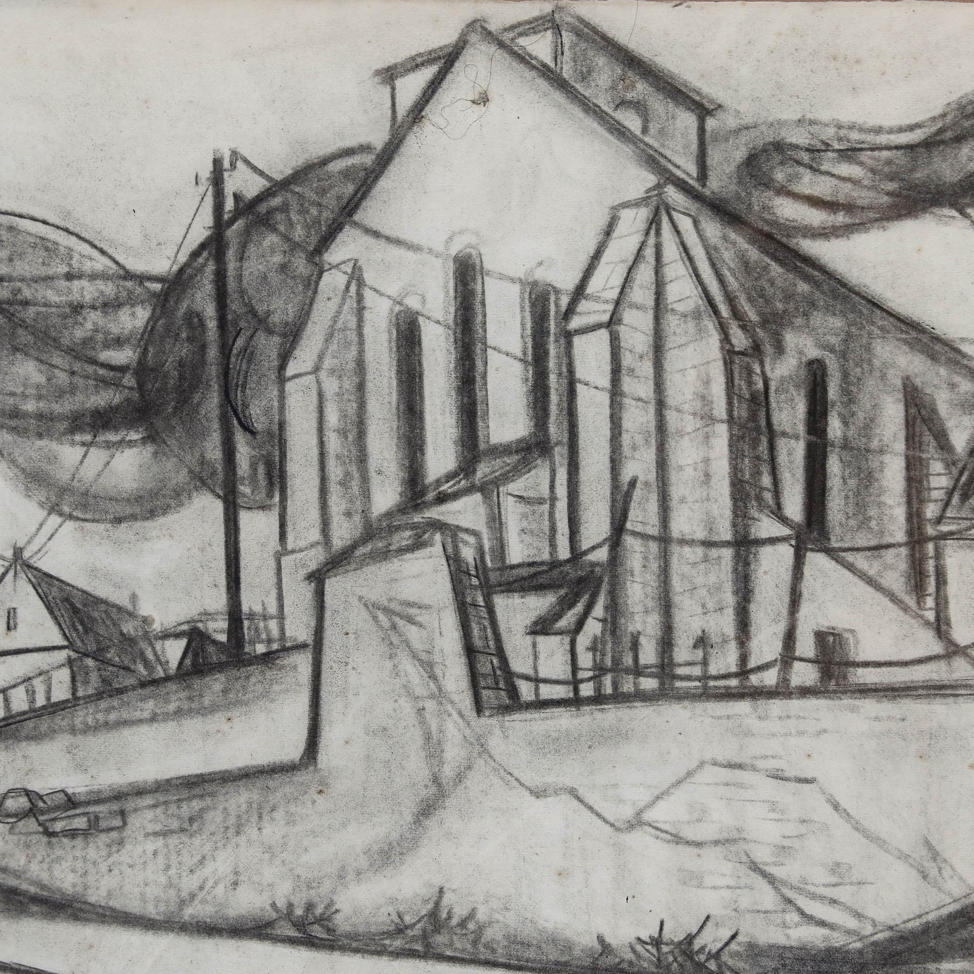 Un vivace studio a carboncino dell'artista Christian Julia (1921-1991) che raffigura una piccola chiesa. Firmato in basso a destra. Ben presentato in una sottile cornice di legno. Sulla carta. Dimensioni dell'immagine: 49 x 64 cm.