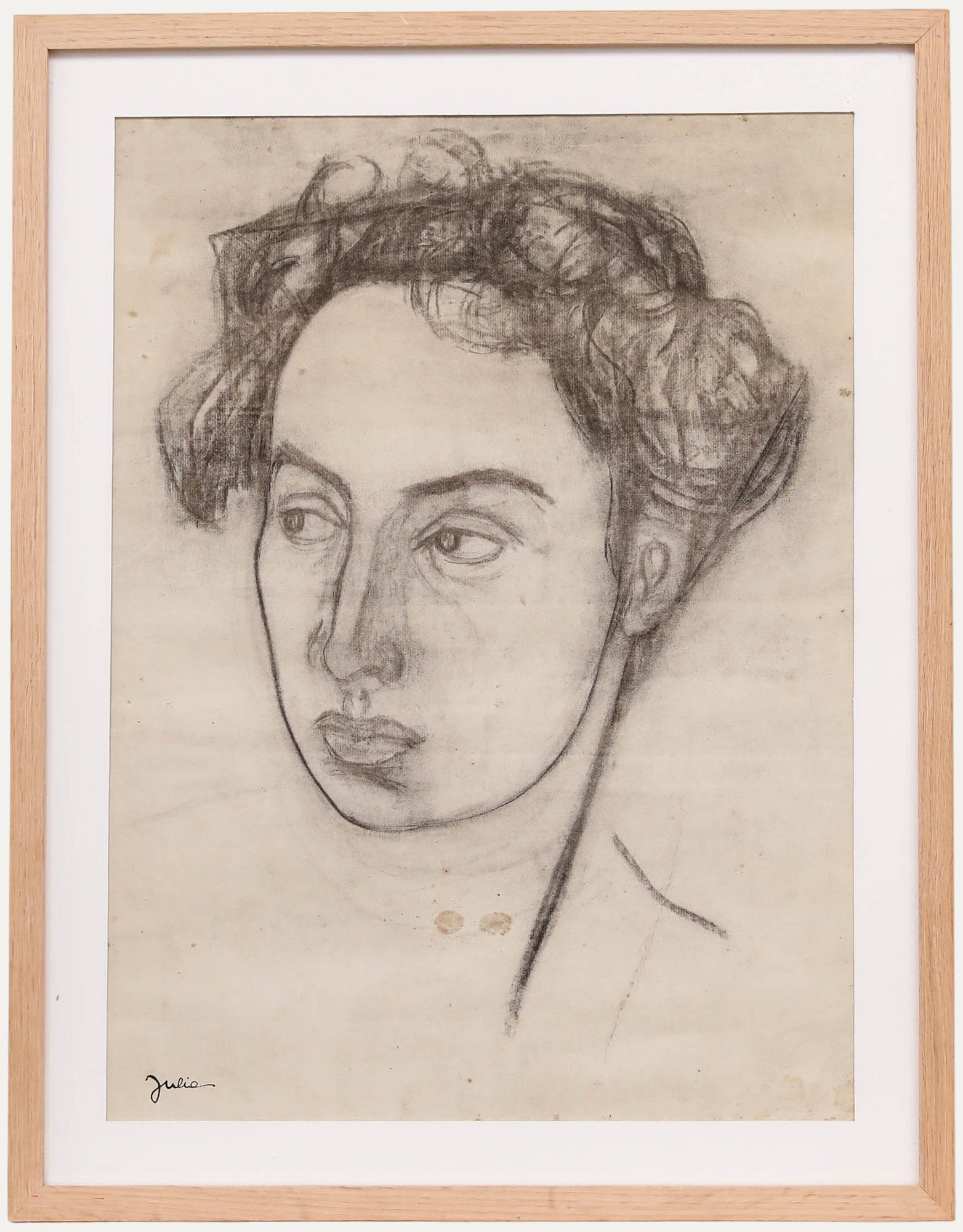 Unknown Portrait - Christian Julia (1921-1991)-Mid 20th Century Charcoal Drawing, Curly Haired Lady