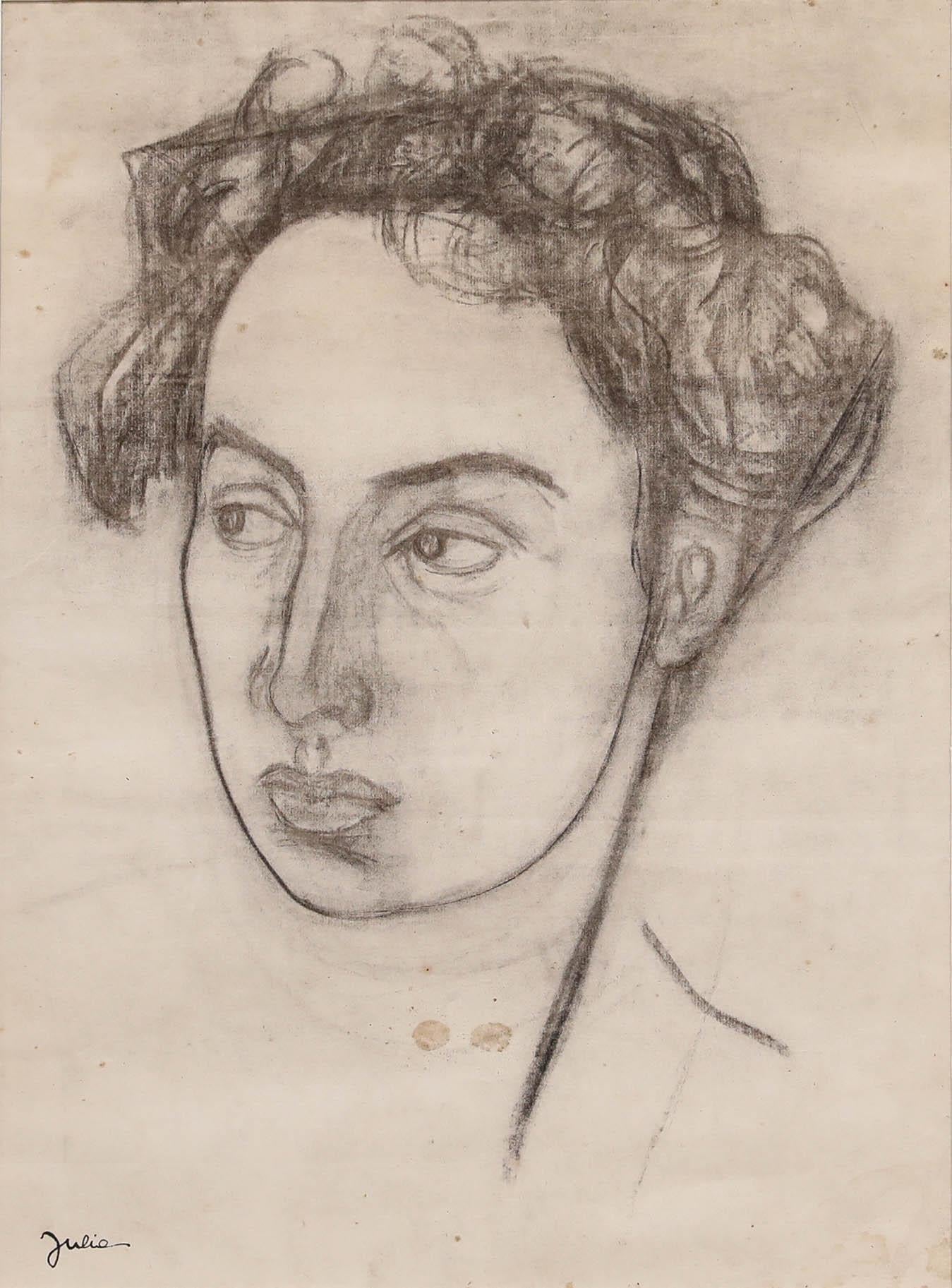 Christian Julia (1921-1991)-Mid 20th Century Charcoal Drawing, Curly Haired Lady - Art by Unknown