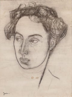 Christian Julia (1921-1991)-Mid 20th Century Charcoal Drawing, Curly Haired Lady