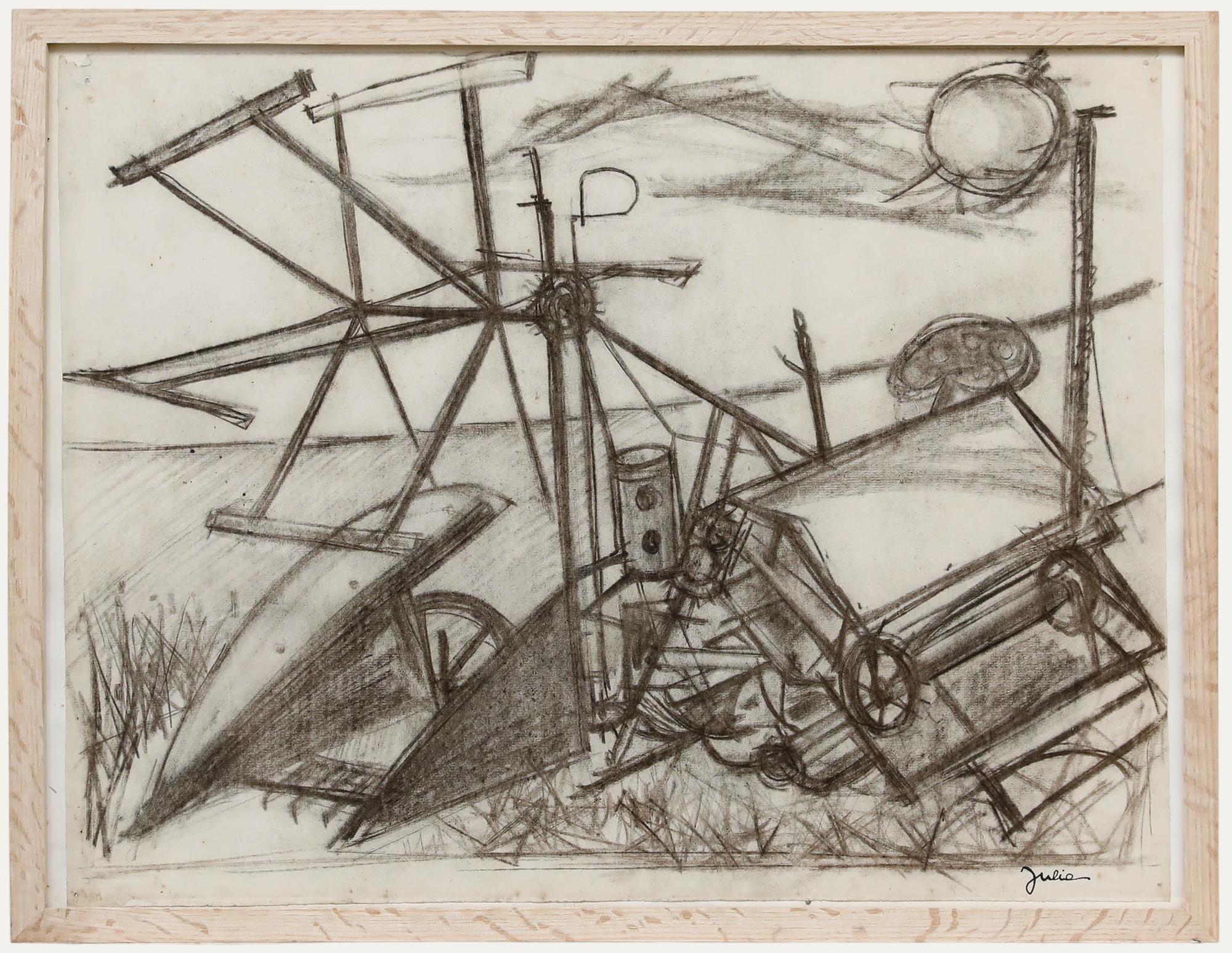 Christian Julia (1921-1991) - Dessin au fusain du milieu du 20e siècle, machines agricoles