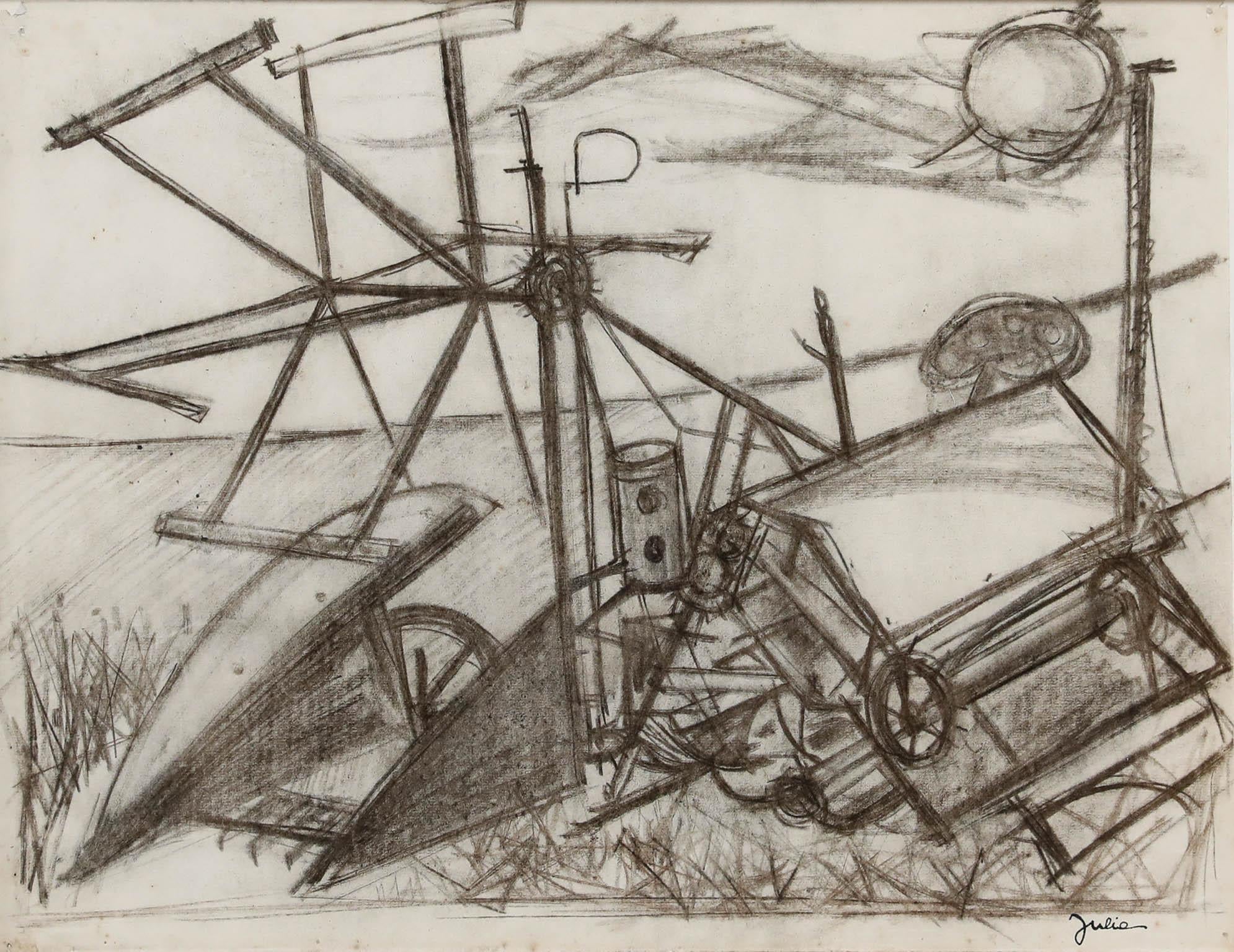 Christian Julia (1921-1991) - Disegno a carboncino della metà del XX secolo, Macchine agricole - Art di Unknown