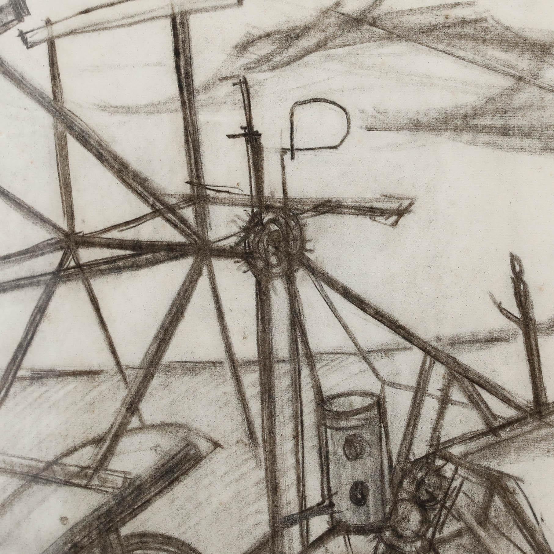 Un energico studio a carboncino dell'artista Christian Julia (1921-1991) che raffigura attrezzature agricole industriali. Firmato in basso a destra. Ben presentato in una sottile cornice di legno. Sulla carta. Dimensioni dell'immagine: 49 x 62 cm.