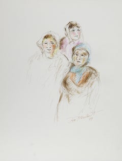 Tres mujeres, tinta moderna y pastel sobre papel de Ira Moskowitz