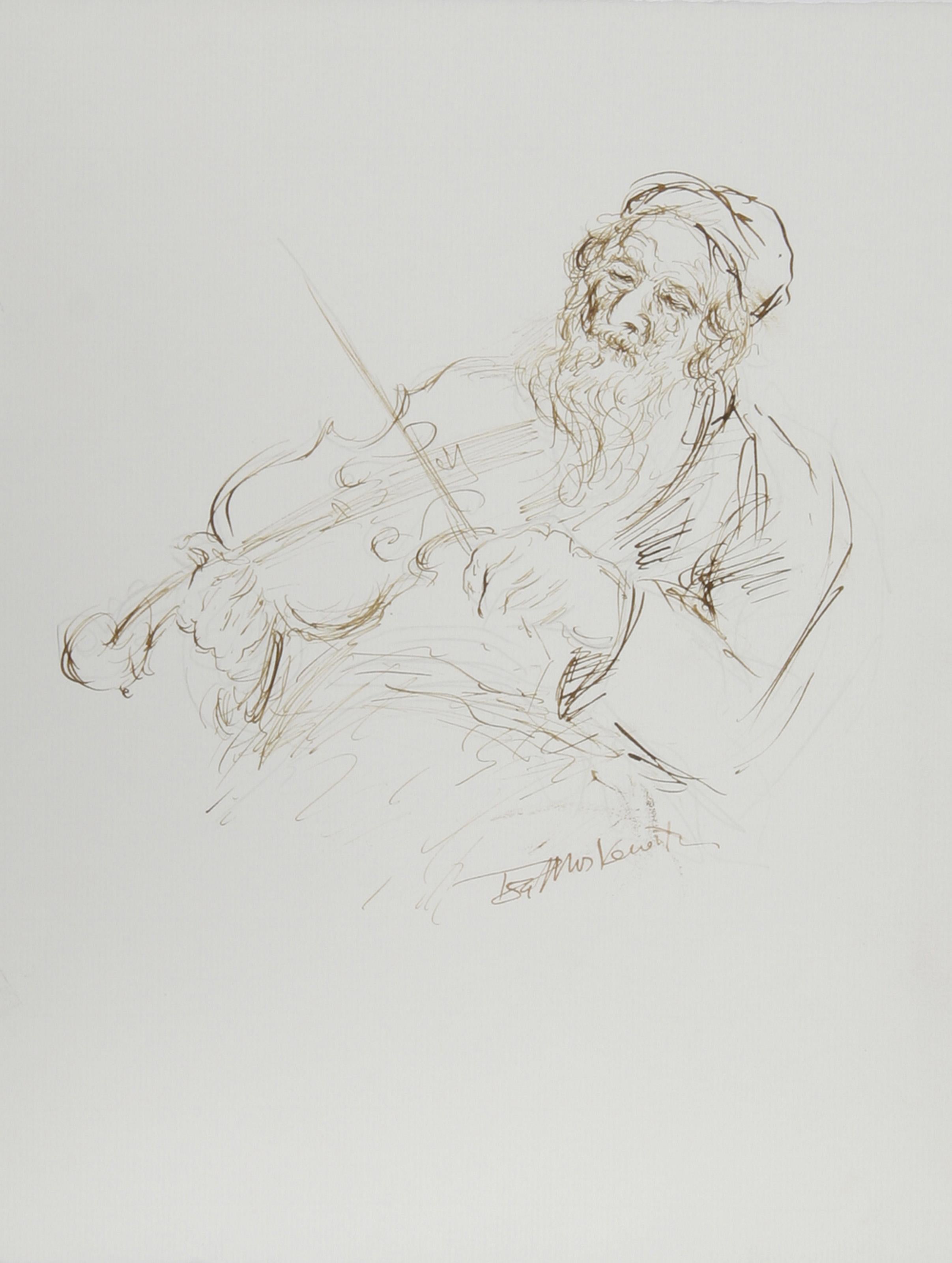  Ira Moskowitz, polaco/americano (1912 - 2001) -  Violinista - V, Año: hacia 1989, Medio: Tinta sobre papel, firmado, Tamaño: 33,02 cm x 25,4 cm, Descripción: Realizado con un toque ligero y una mirada cuidadosa, este dibujo de Ira Moskowitz es