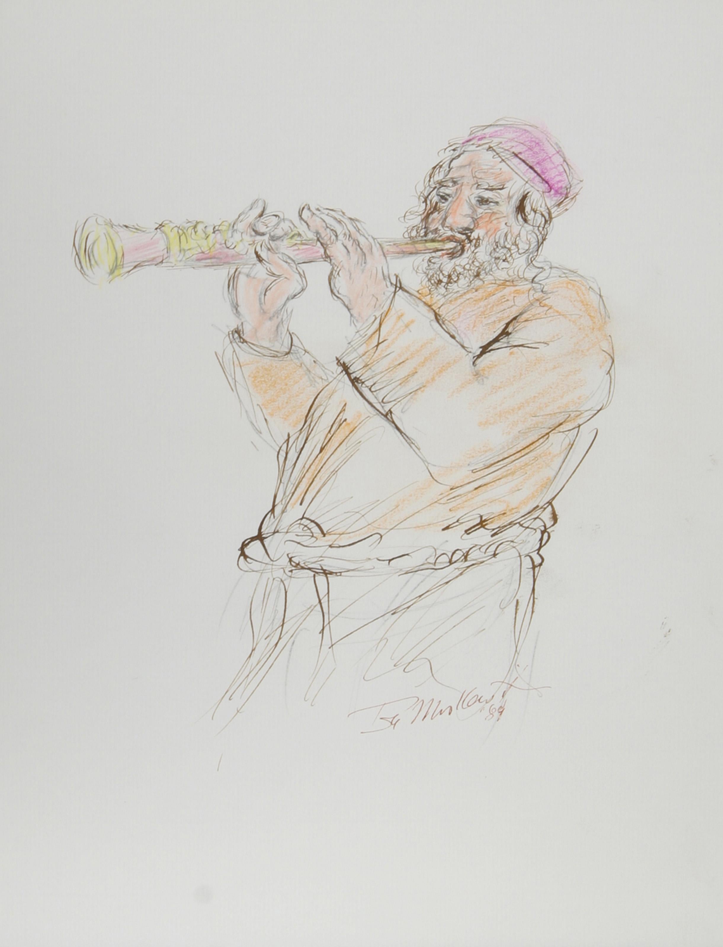 Clarinet Player, Modern Ink and Pastel on Paper by Ira Moskowitz