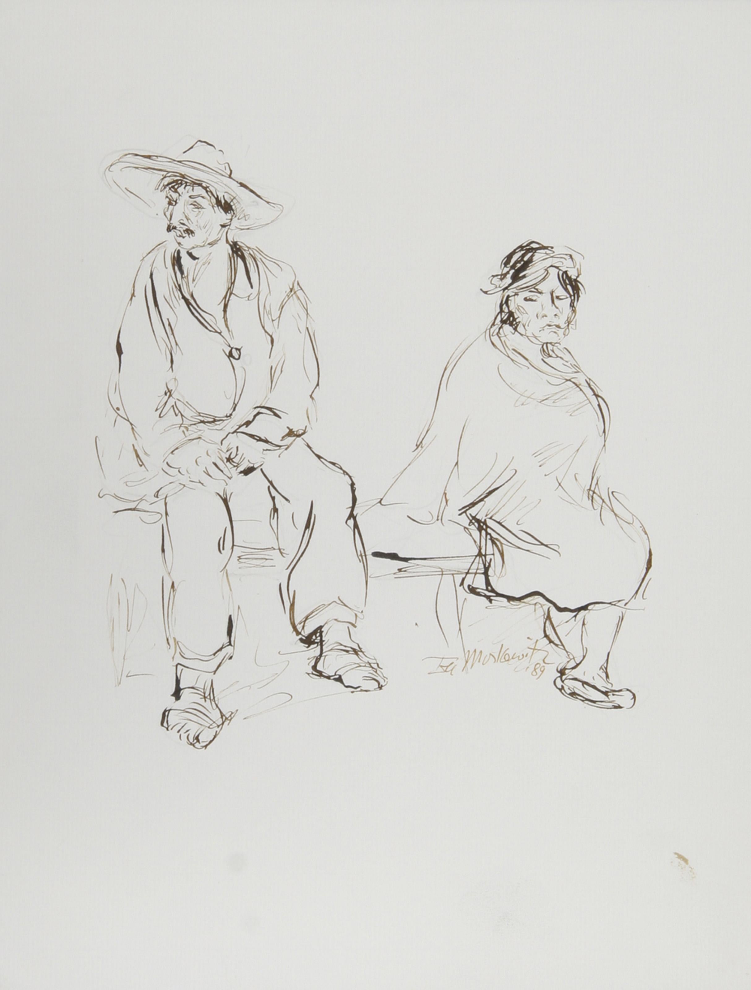  Ira Moskowitz, polonais/américain (1912-2001) -  Couple au Mexique - II, Année : 1989, Médium : Encre sur papier, signé, Dimensions : 13 in. x 10 in. (33.02 cm x 25.4 cm), Description : La douce représentation d'Ira Moskowitz d'un couple au Mexique