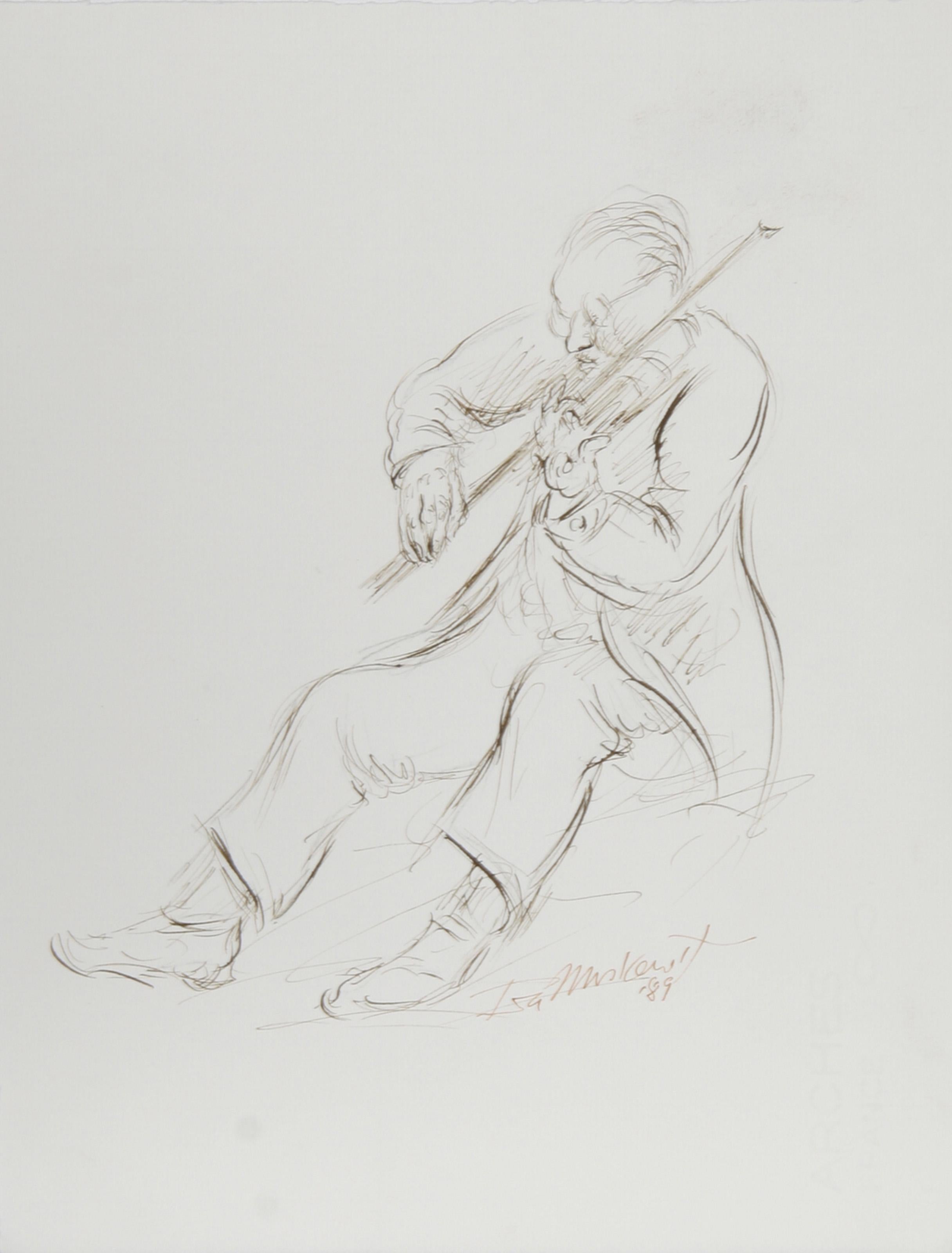  Ira Moskowitz, Polish/American (1912 - 2001) -  Fiddler - IX, Year: 1989, Medium: Ink on Paper, signed, Size: 13 in. x 10 in. (33.02 cm x 25.4 cm), Description: Holding the fiddle close to his body, the musician focuses on the music with all of his