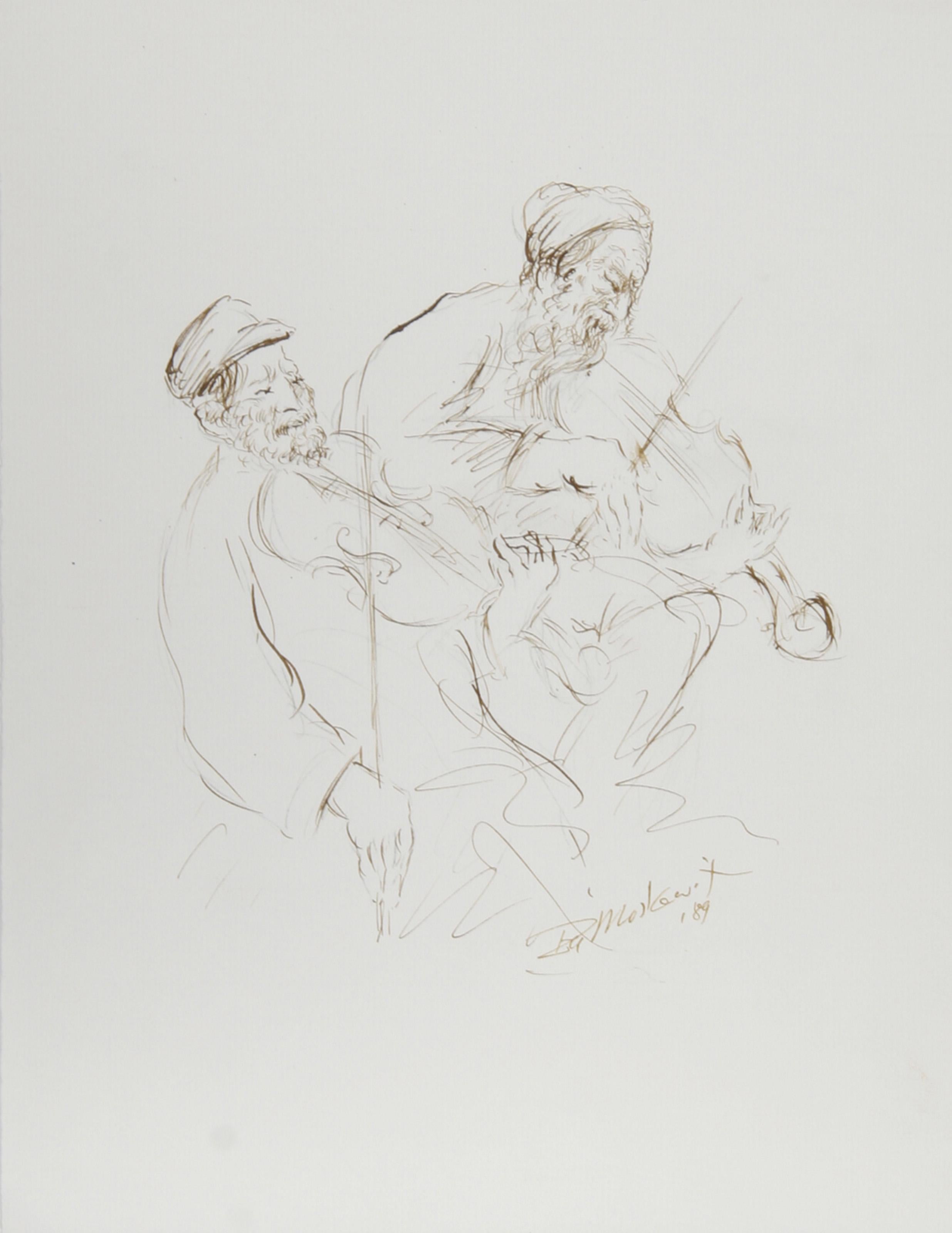  Ira Moskowitz, Polish/American (1912 - 2001) -  Fiddlers - II, Year: 1989, Medium: Ink on Paper, signed, Size: 13 in. x 10 in. (33.02 cm x 25.4 cm), Description: Holding the fiddles close to their bodies, the musicians perform with a focused albeit