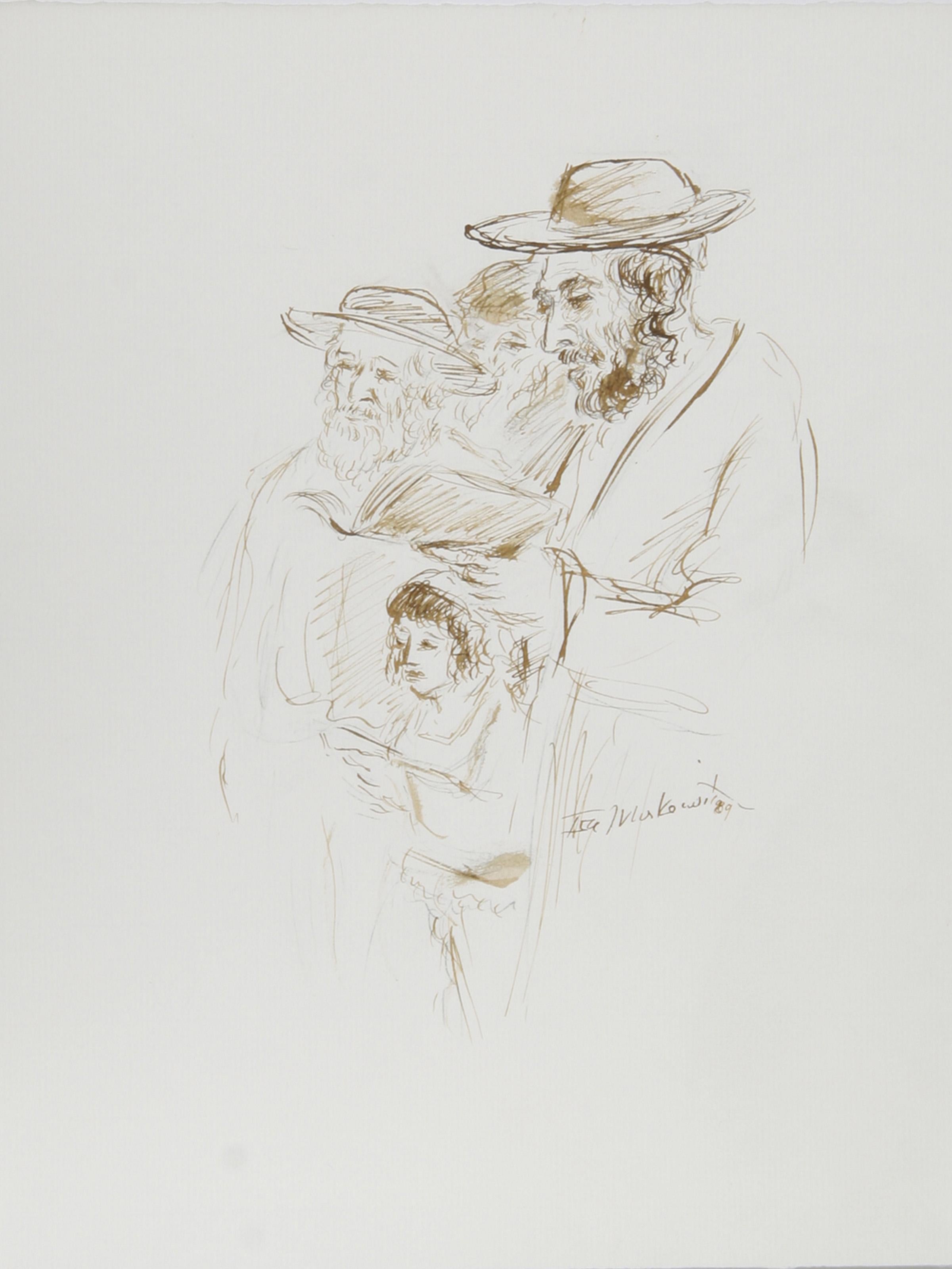 Hombres jasídicos leyendo, tinta moderna sobre papel de Ira Moskowitz